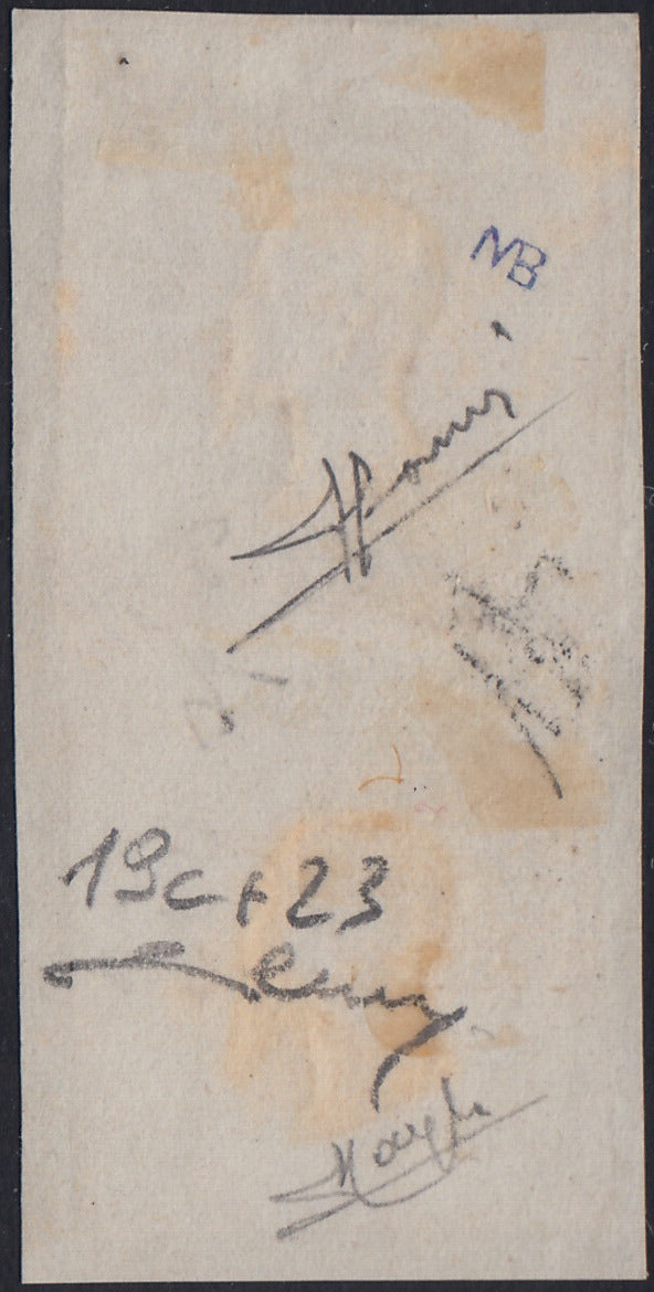 BO2511_35 - 1862 - Effigie di V.E.II 1 gr. nero intenso + 20 gr. giallo usati su frammento Napoli 28/7/62 (19c+23)