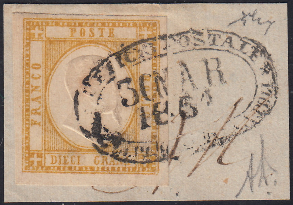 BO2511_38 - 1861 - Effigie di V.E.II 10 gr. giallo ocra usato su frammento "Ufficio Postale del Porto di Napoli 30 MAR 1861" (22a)