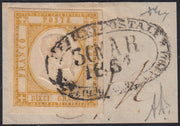BO2511_38 - 1861 - Effigie di V.E.II 10 gr. giallo ocra usato su frammento "Ufficio Postale del Porto di Napoli 30 MAR 1861" (22a)