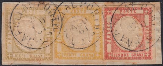 BO2511_59 - 1861 - Frammento Napoli al Porto 31/8/61 affrancato con gr. 5 rosso carminio + gr. 10 bistro oliva + gr. 20 giallo (21 + 22b + 23)