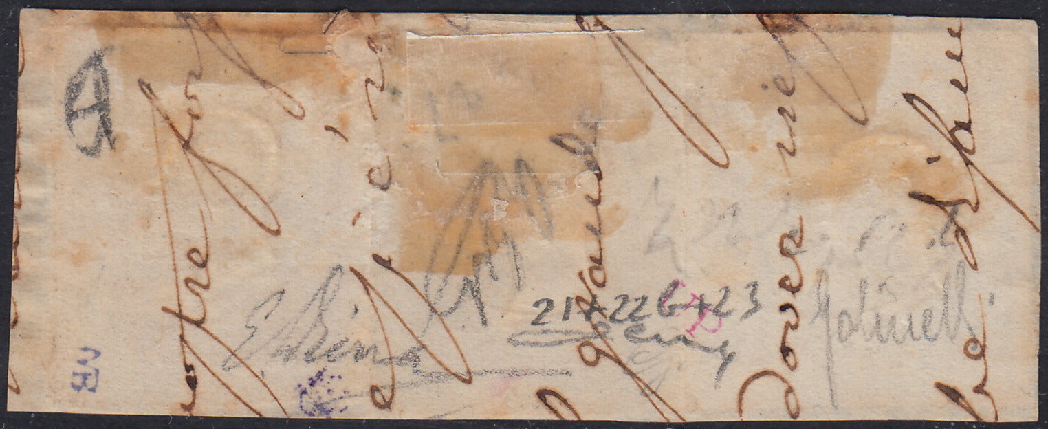 BO2511_59 - 1861 - Frammento Napoli al Porto 31/8/61 affrancato con gr. 5 rosso carminio + gr. 10 bistro oliva + gr. 20 giallo (21 + 22b + 23)