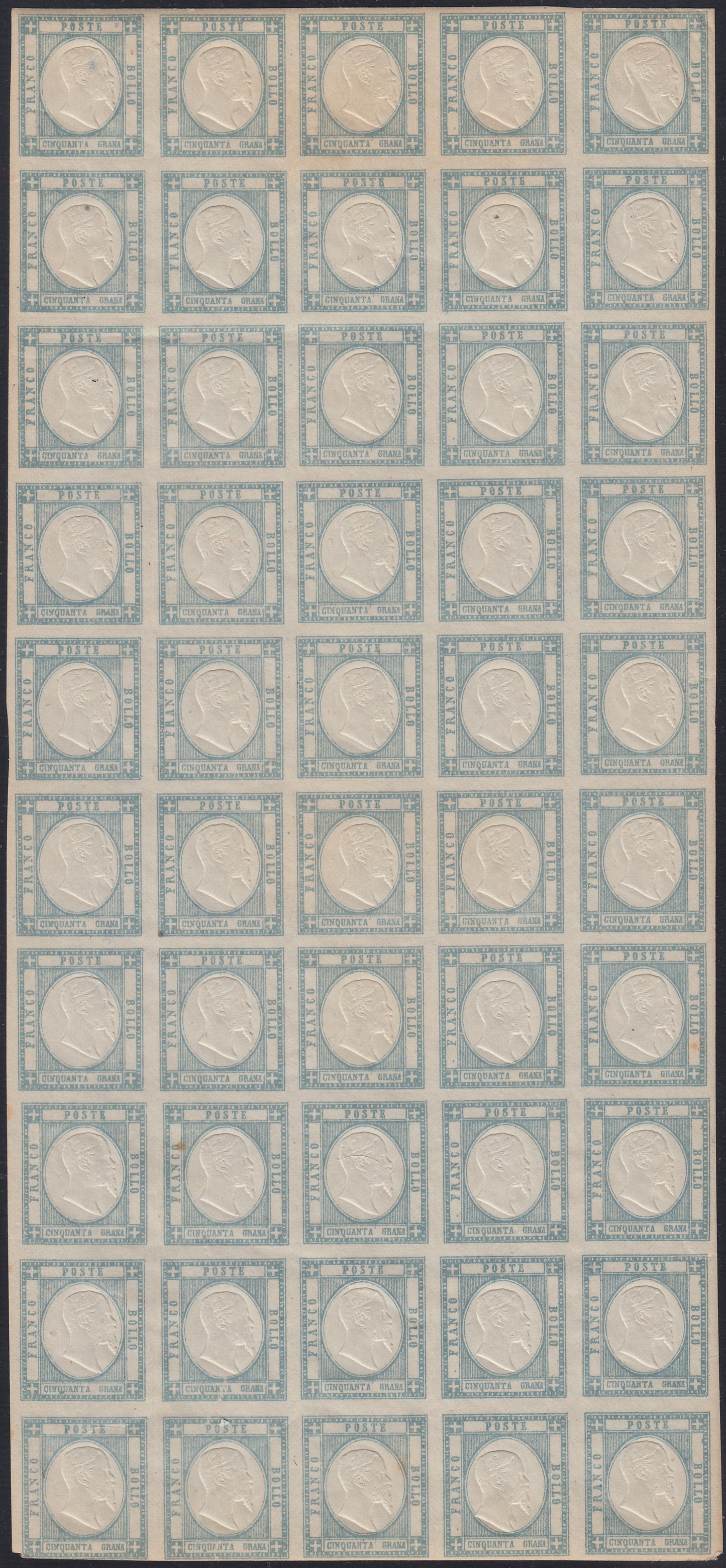 F15-70 - 1861 - Neapolitan Provinces, 50 grain blue gray complete sheet of 50 copies, new, intact (24th)