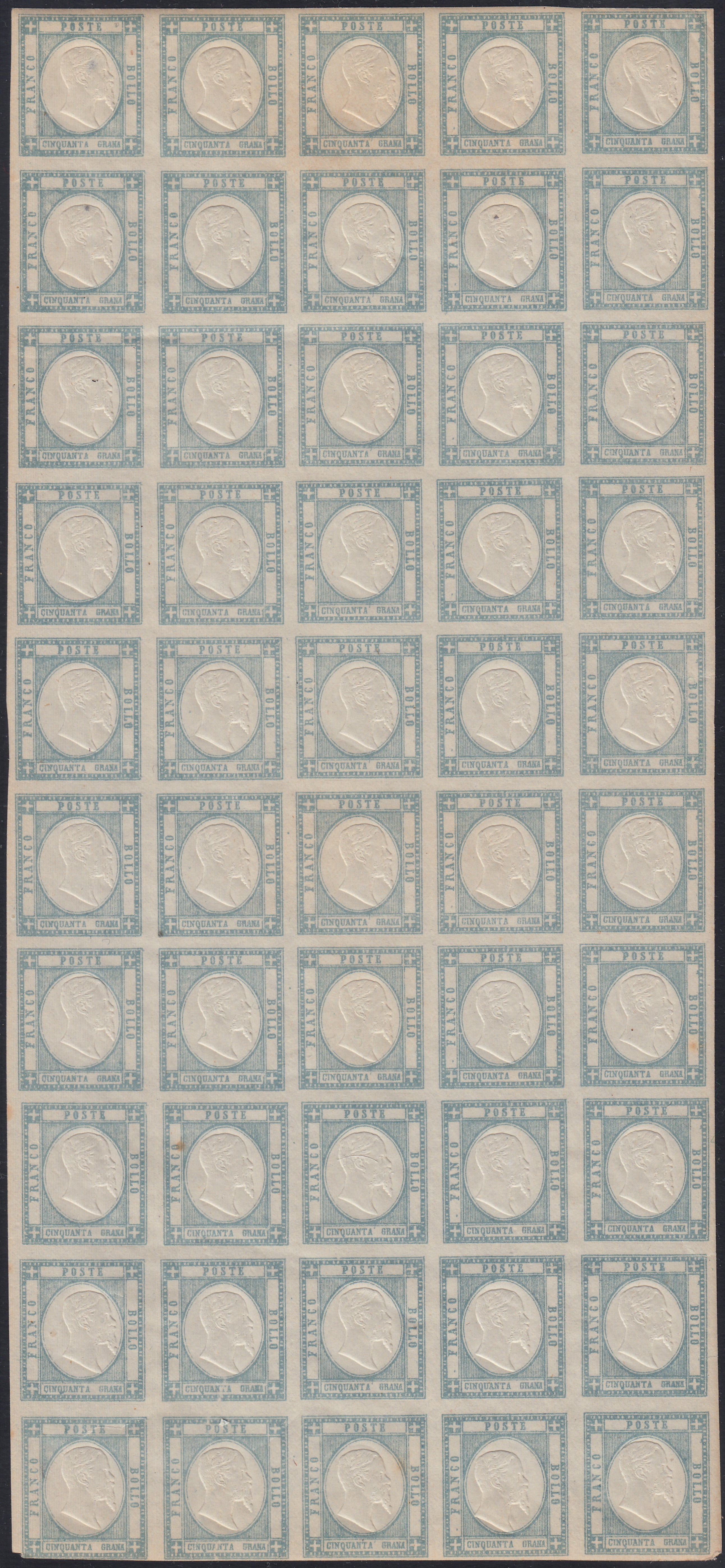 F15-70 - 1861 - Neapolitan Provinces, 50 grain blue gray complete sheet of 50 copies, new, intact (24th)