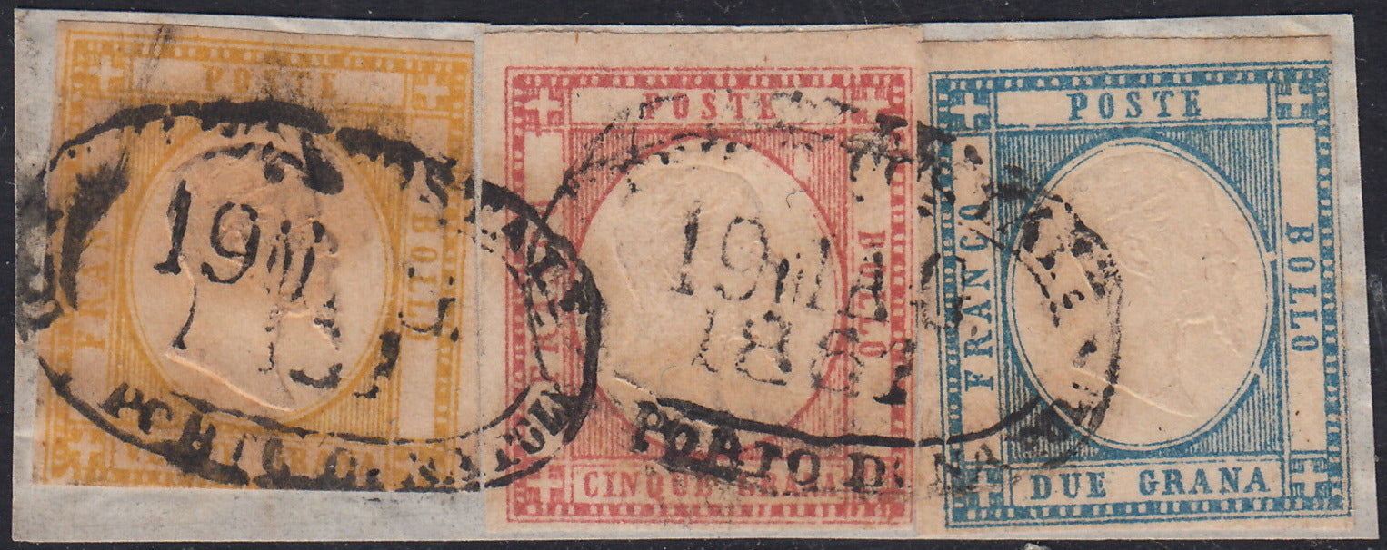 BO2511_60 - 1861 - Frammento Ufficio Postale del Porto di Napoli 19/5/61 affrancato con gr. 2 azzurro chiaro + gr. 5 rosa+ gr. 20 giallo arancio (20 + 21e + 23a)