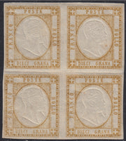 BO2511_68 - 1861 - 10 grana bistro oliva blocco idi quattro esemplari nuovo con gomma, colore splendido (22b)