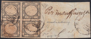 BO2511_6 - 1861 - 1 grana nero grigio blocco di quattro esemplari usato su frammento, difetti ma grande rarità del settore (19a).