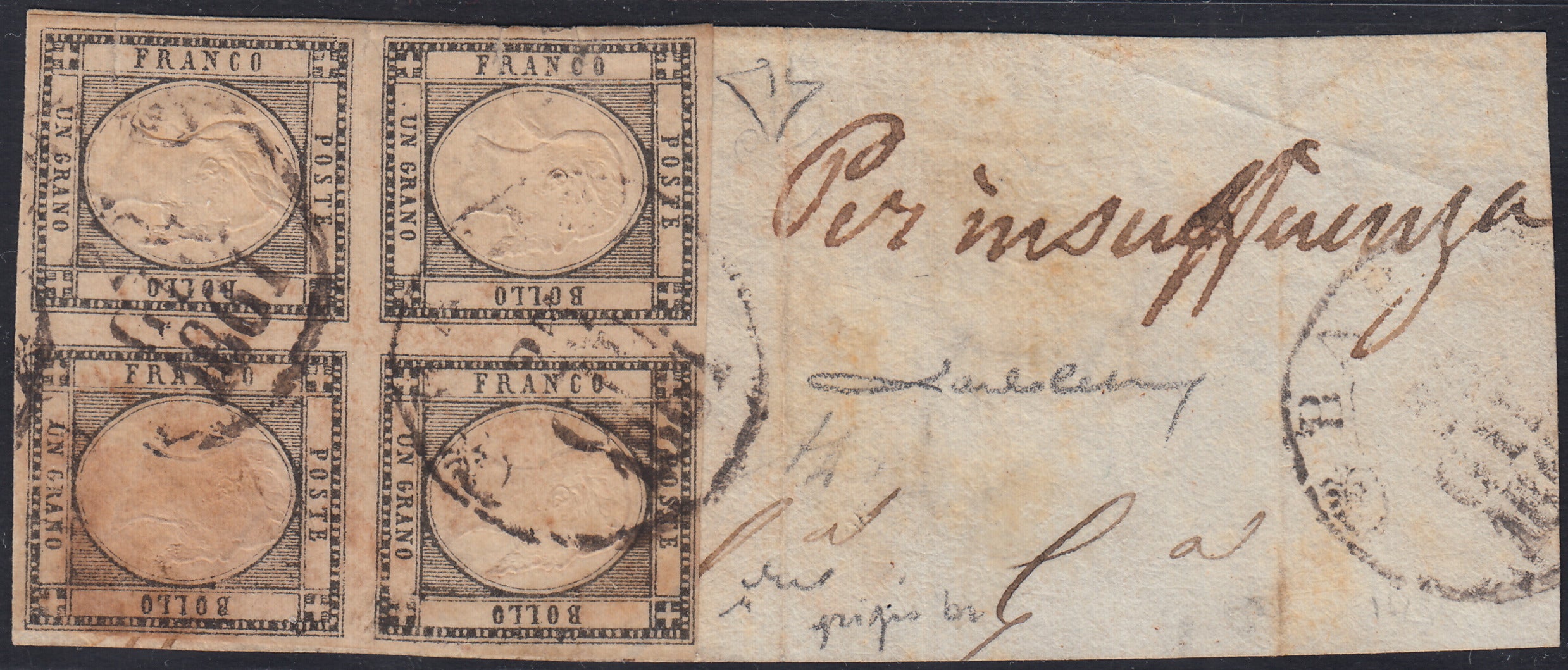 BO2511_6 - 1861 - 1 grana nero grigio blocco di quattro esemplari usato su frammento, difetti ma grande rarità del settore (19a).