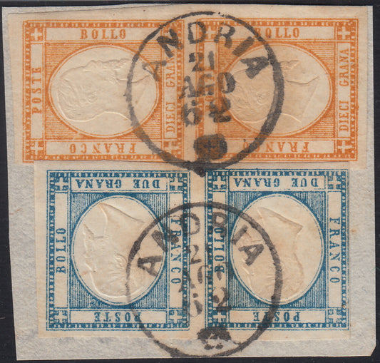 BO2511_95 - 1862 - Effigie di V.E. II volta a destra, gr. 2 azzurro chiaro coppia + 1 grana arancio coppia usati su frammento ANDRIA 21 AGO 62 (20 + 22)