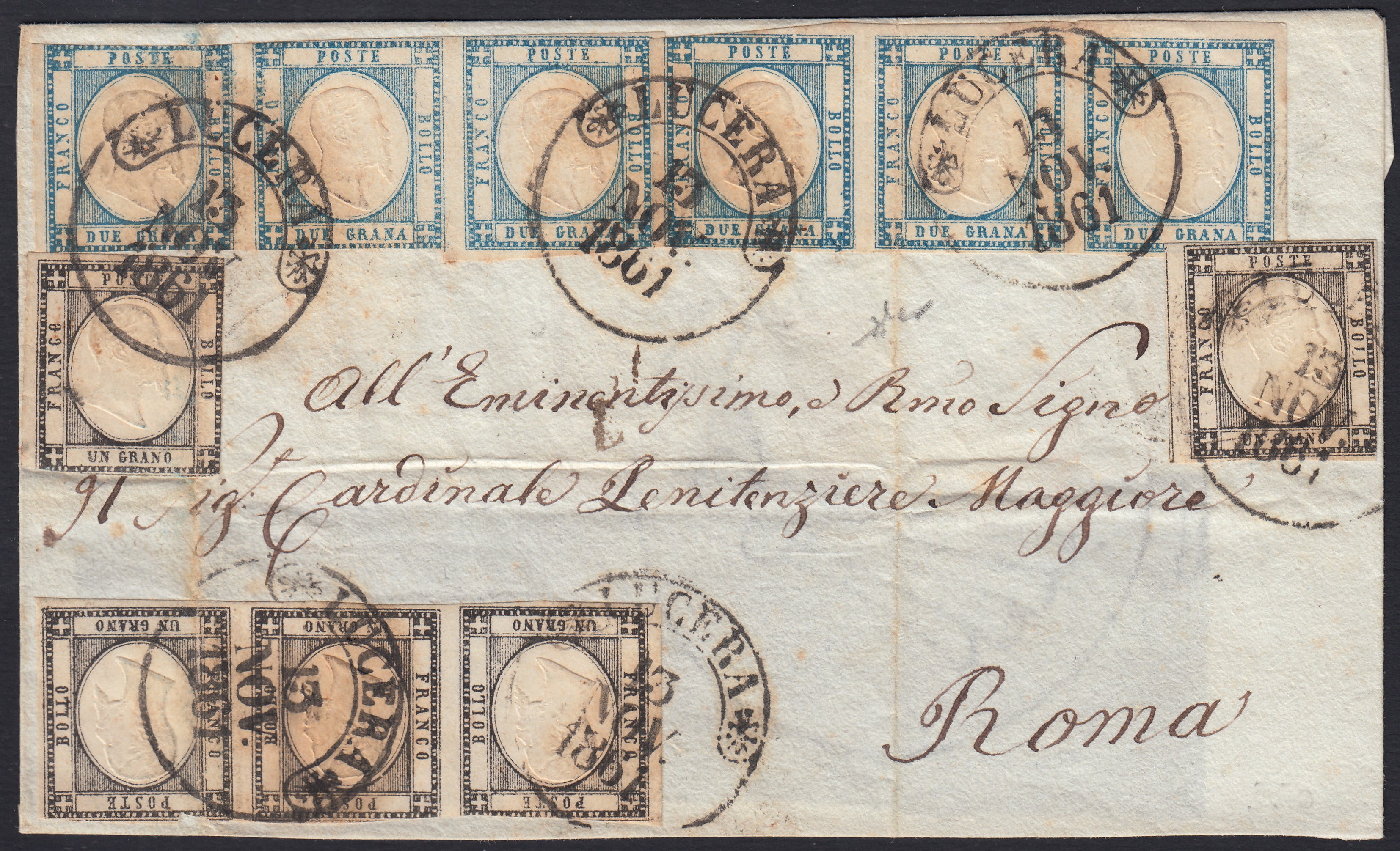 BO2512_10 - 1861 - Lettera spedita da Lucera per Roma 13/11/1861 affrancata con gr. 1 nero x 5 + gr. 2 azzurro chiaro x 6 (19 + 20).