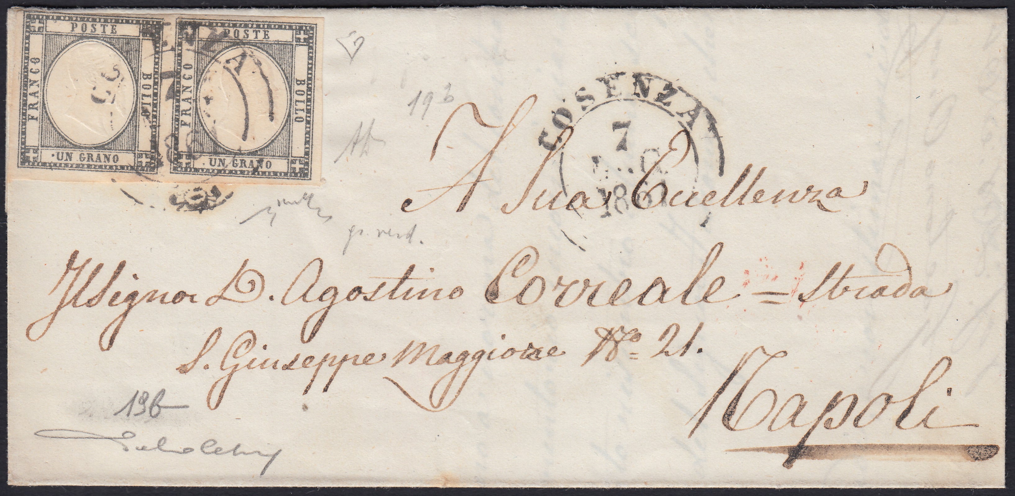 BO2512_11 - 1861 - Lettera spedita da COSENZA per Napoli 7/5/61 affrancata con gr. 1 grigio verdastro coppia orizzontale (19b)