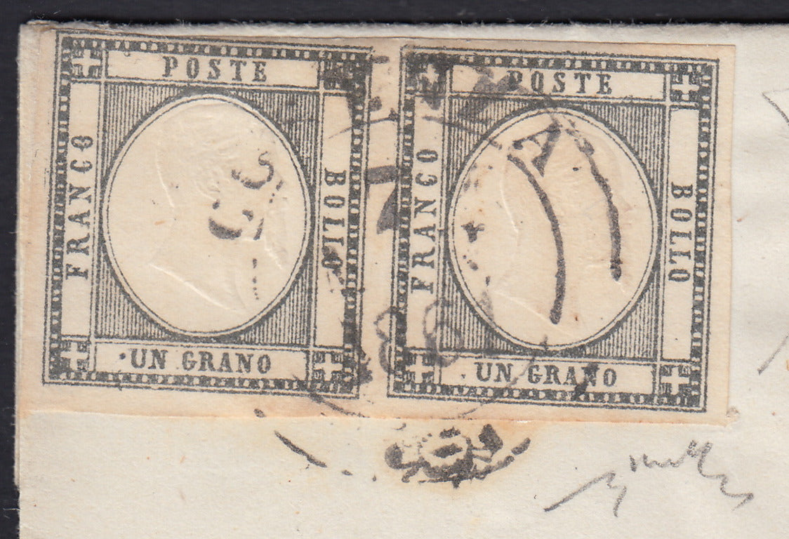 BO2512_11 - 1861 - Lettera spedita da COSENZA per Napoli 7/5/61 affrancata con gr. 1 grigio verdastro coppia orizzontale (19b)
