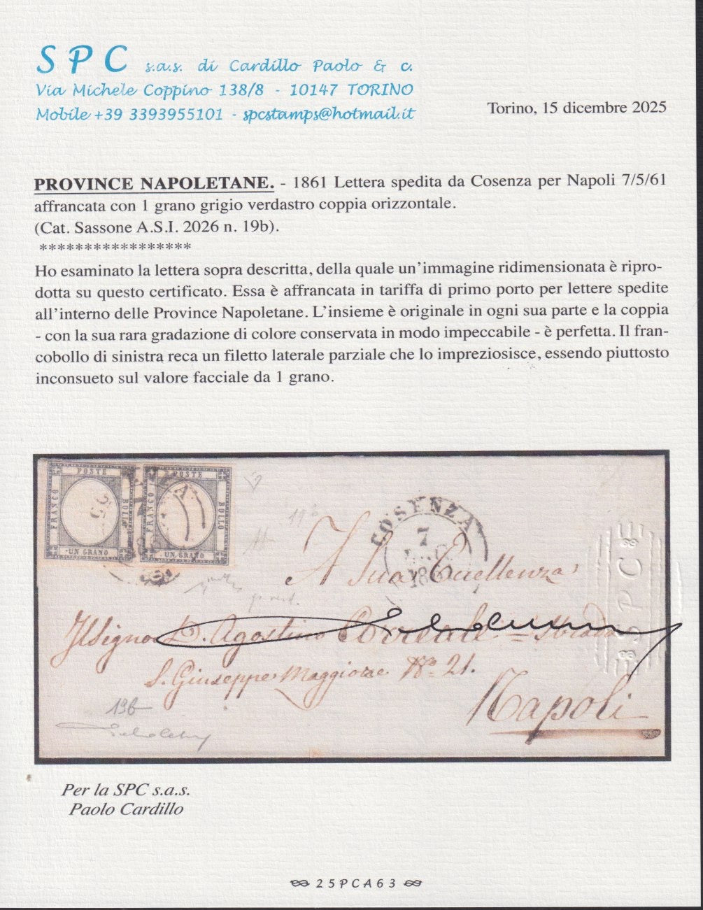 BO2512_11 - 1861 - Lettera spedita da COSENZA per Napoli 7/5/61 affrancata con gr. 1 grigio verdastro coppia orizzontale (19b)