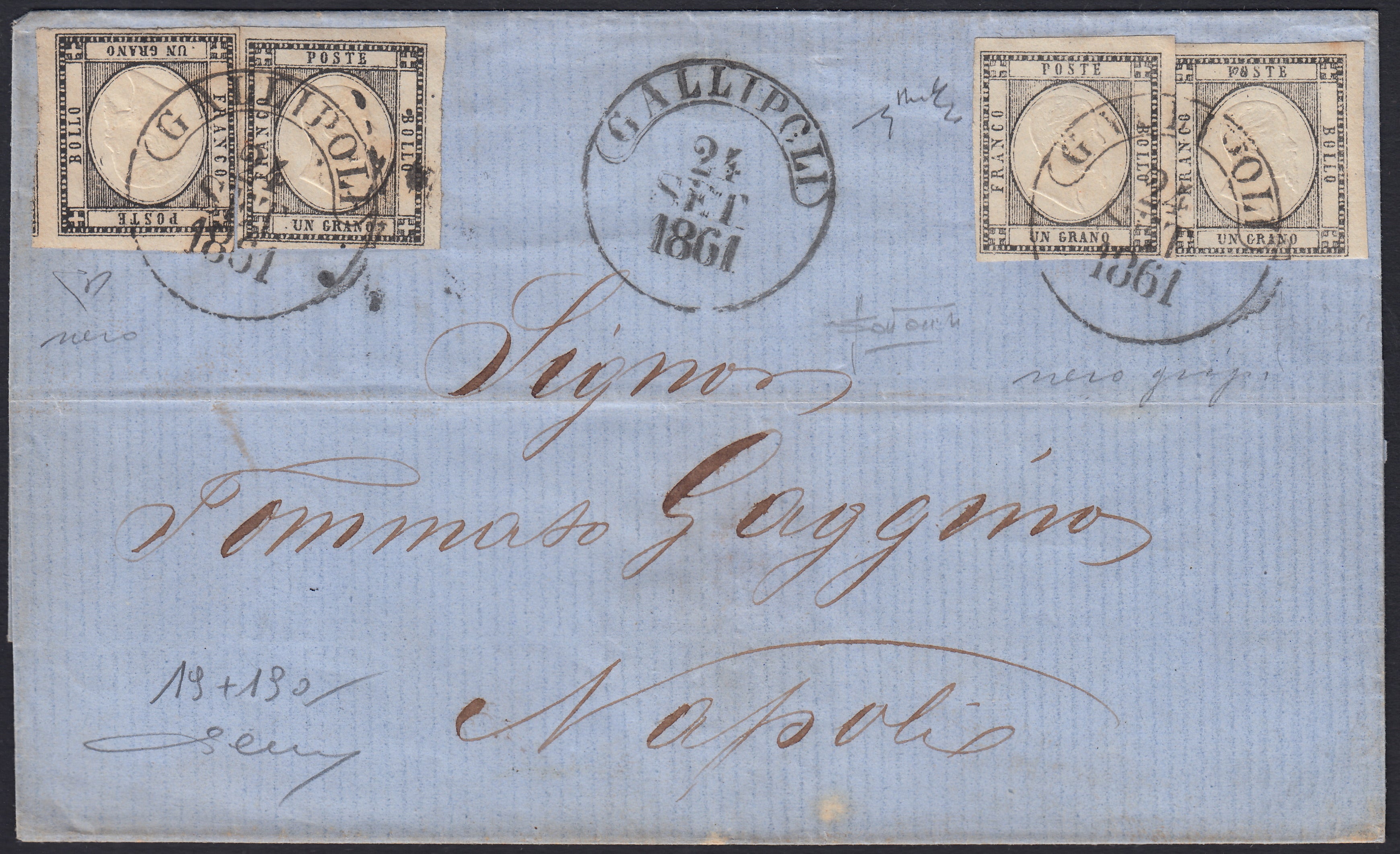 BO2512_13 - 1861 - Lettera spedita da Gallipoli per Napoli 24/9/1861 affrancata con gr. 1 nero x 2 + gr. 1 grigio nero x 2 (19 + 19a)