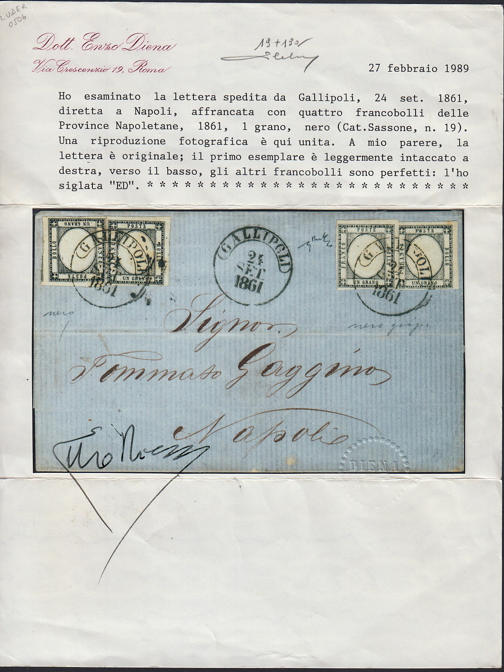BO2512_13 - 1861 - Lettera spedita da Gallipoli per Napoli 24/9/1861 affrancata con gr. 1 nero x 2 + gr. 1 grigio nero x 2 (19 + 19a)