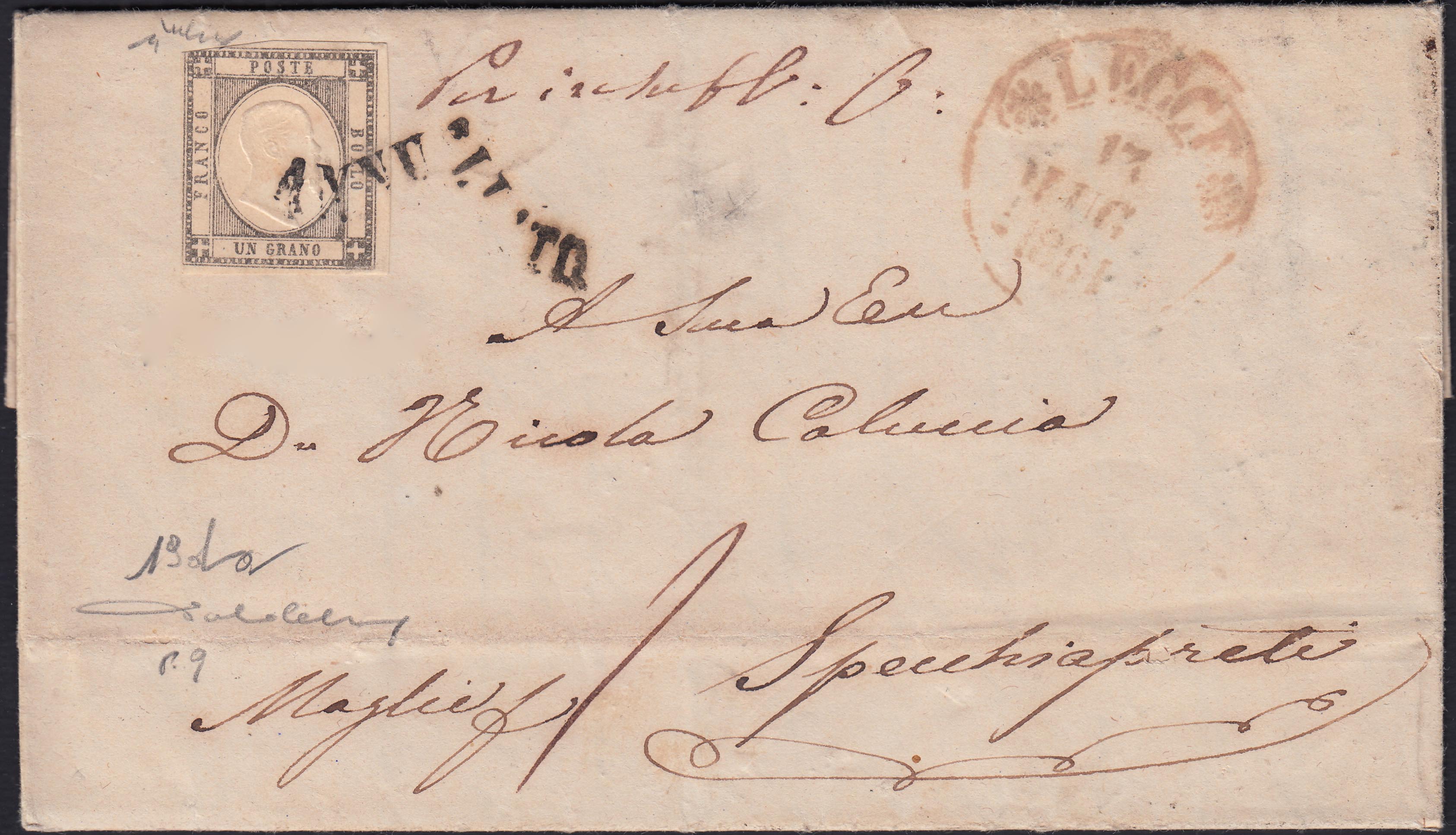 BO2512_14 - 1861 - Lettera spedita da Lecce per Maglie 13/7/61 affrancata con 1 gr. grigio isolato (19da)