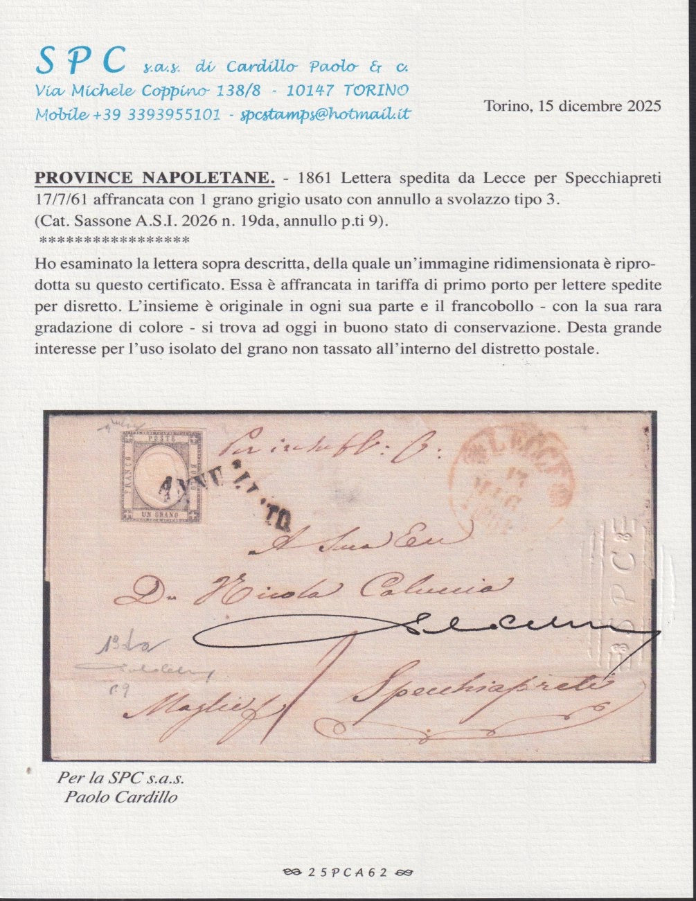 BO2512_14 - 1861 - Lettera spedita da Lecce per Maglie 13/7/61 affrancata con 1 gr. grigio isolato (19da)