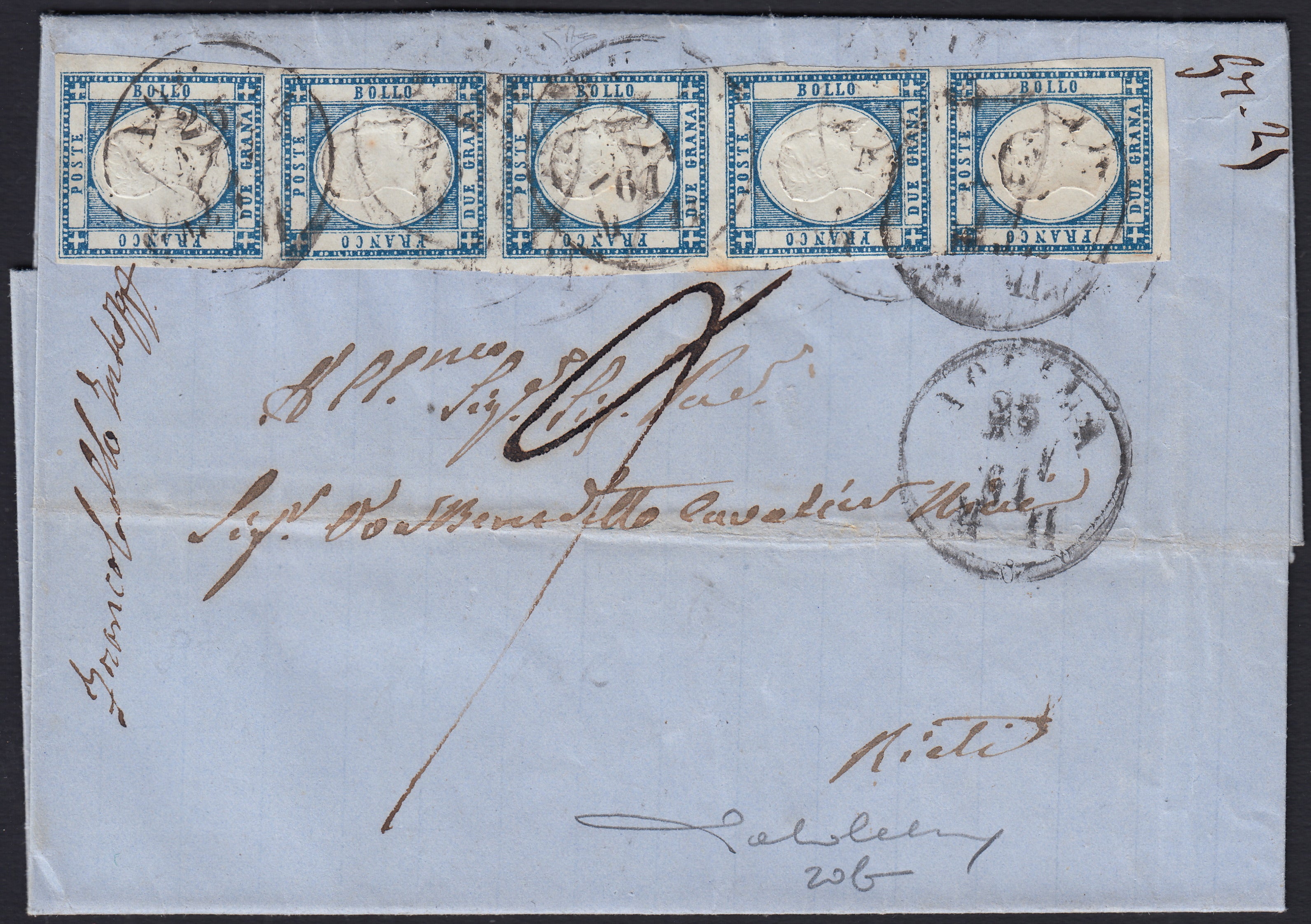 BO2512_17 - 1861 - Lettera spedita da Aquila per Rieti 25/7/61 affrancata con gr. 2 azzurro striscia verticale di 5 esemplari (20b).