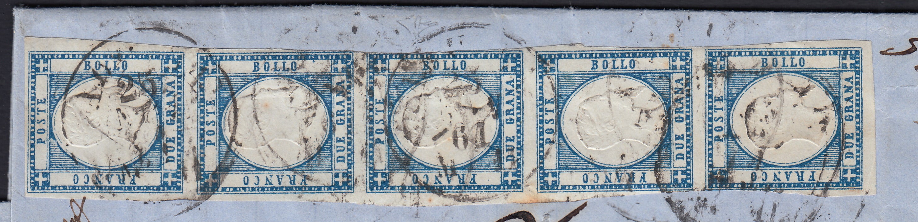 BO2512_17 - 1861 - Lettera spedita da Aquila per Rieti 25/7/61 affrancata con gr. 2 azzurro striscia verticale di 5 esemplari (20b).