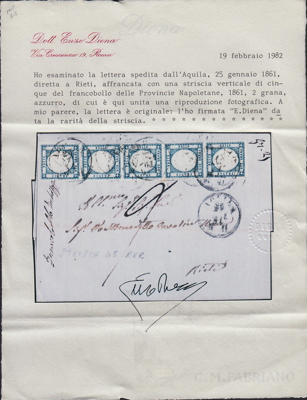 BO2512_17 - 1861 - Lettera spedita da Aquila per Rieti 25/7/61 affrancata con gr. 2 azzurro striscia verticale di 5 esemplari (20b).