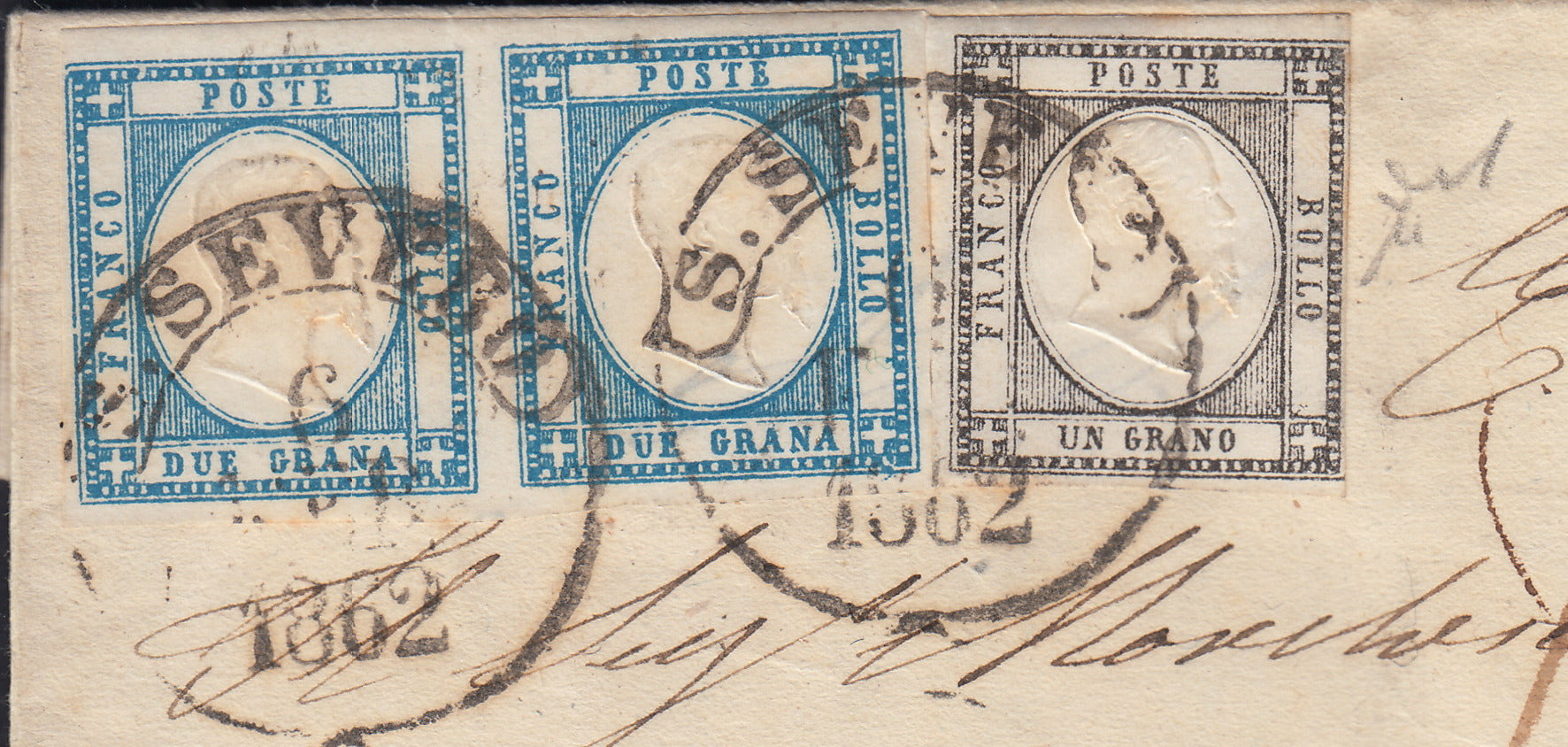BO2512_22 - 1862 - Lettera spedita da San Severo per Roma 6/2/62 affrancata con gr. 1 grigio nero + gr. 2 celeste coppia orizzontale (19a + 20a)