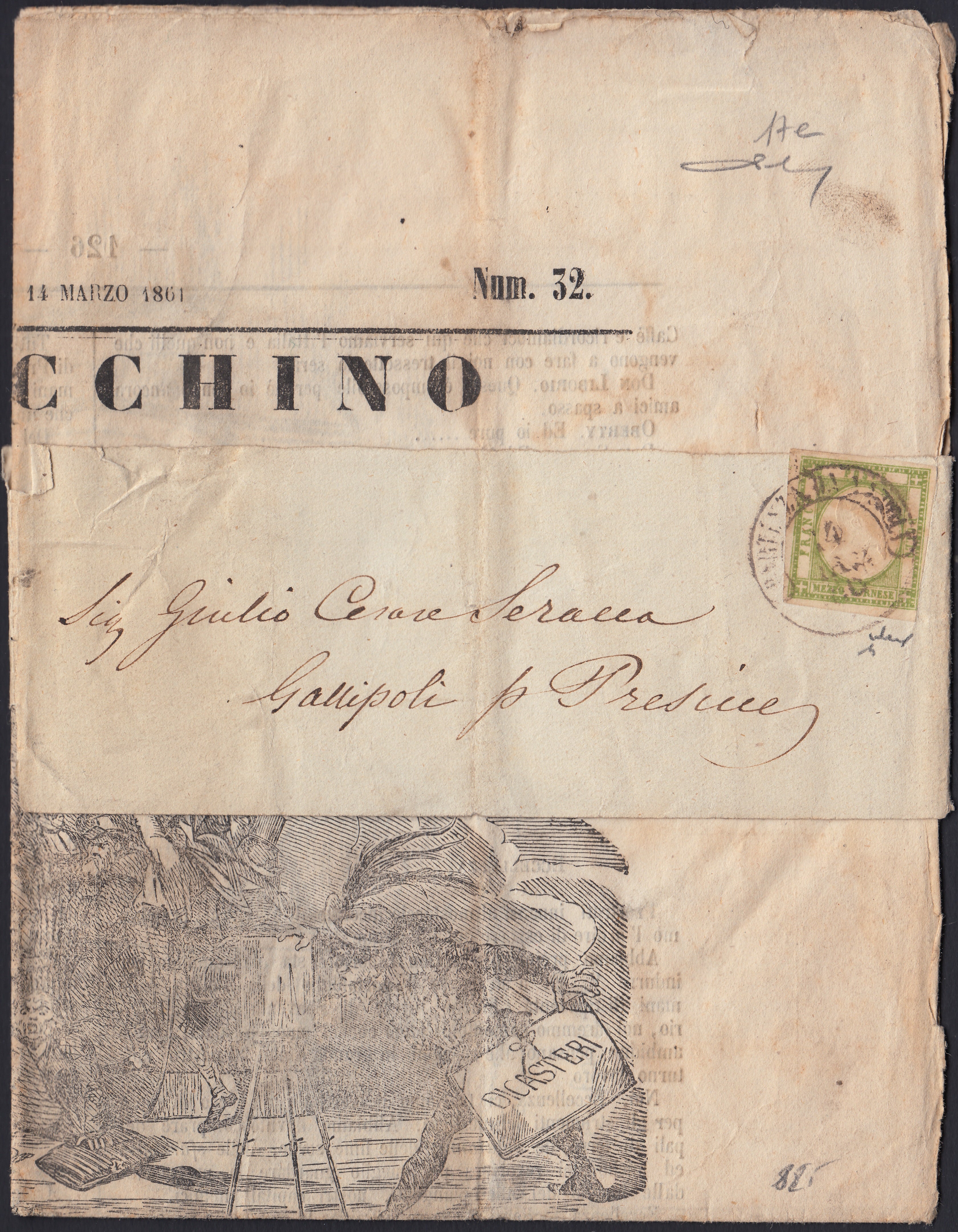 BO2512_25 - 1861 - Giornale "Arlecchino" 14/3/61 avvolto da fascetta affrancata con 1/2 tornese verde giallo (17e)