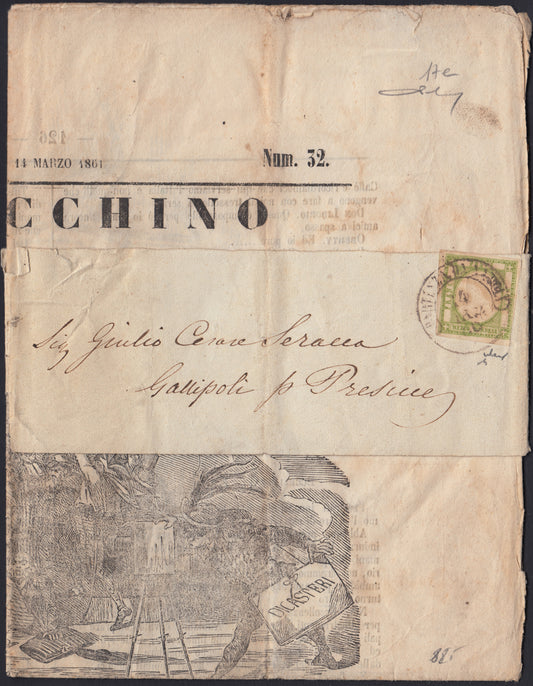 BO2512_25 - 1861 - Giornale "Arlecchino" 14/3/61 avvolto da fascetta affrancata con 1/2 tornese verde giallo (17e)