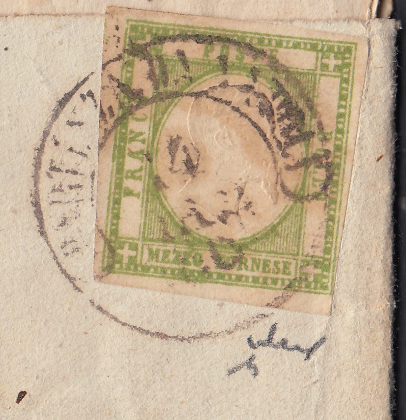 BO2512_25 - 1861 - Giornale "Arlecchino" 14/3/61 avvolto da fascetta affrancata con 1/2 tornese verde giallo (17e)