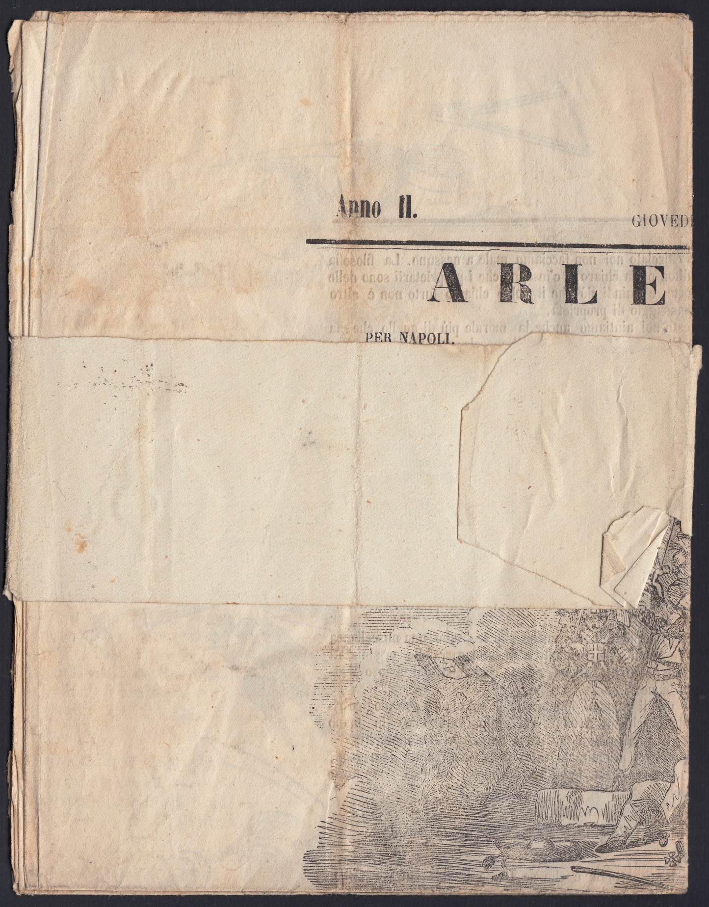 BO2512_25 - 1861 - Giornale "Arlecchino" 14/3/61 avvolto da fascetta affrancata con 1/2 tornese verde giallo (17e)
