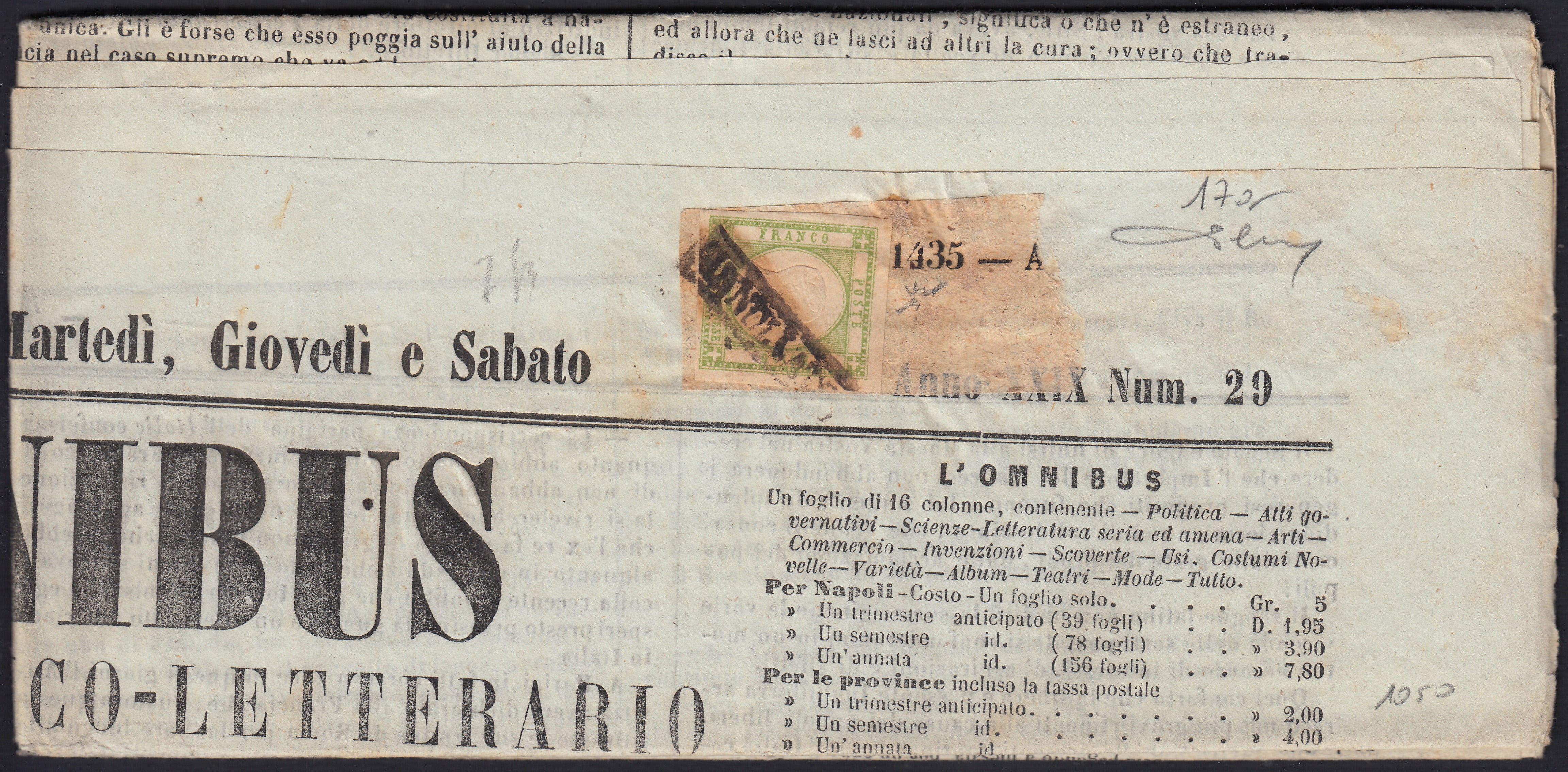 BO2512_26 - 1861 - Giornale "l'Omnibus" del 7/3/61 affrancato con 1/2 tornese verde giallo chiaro (17a)