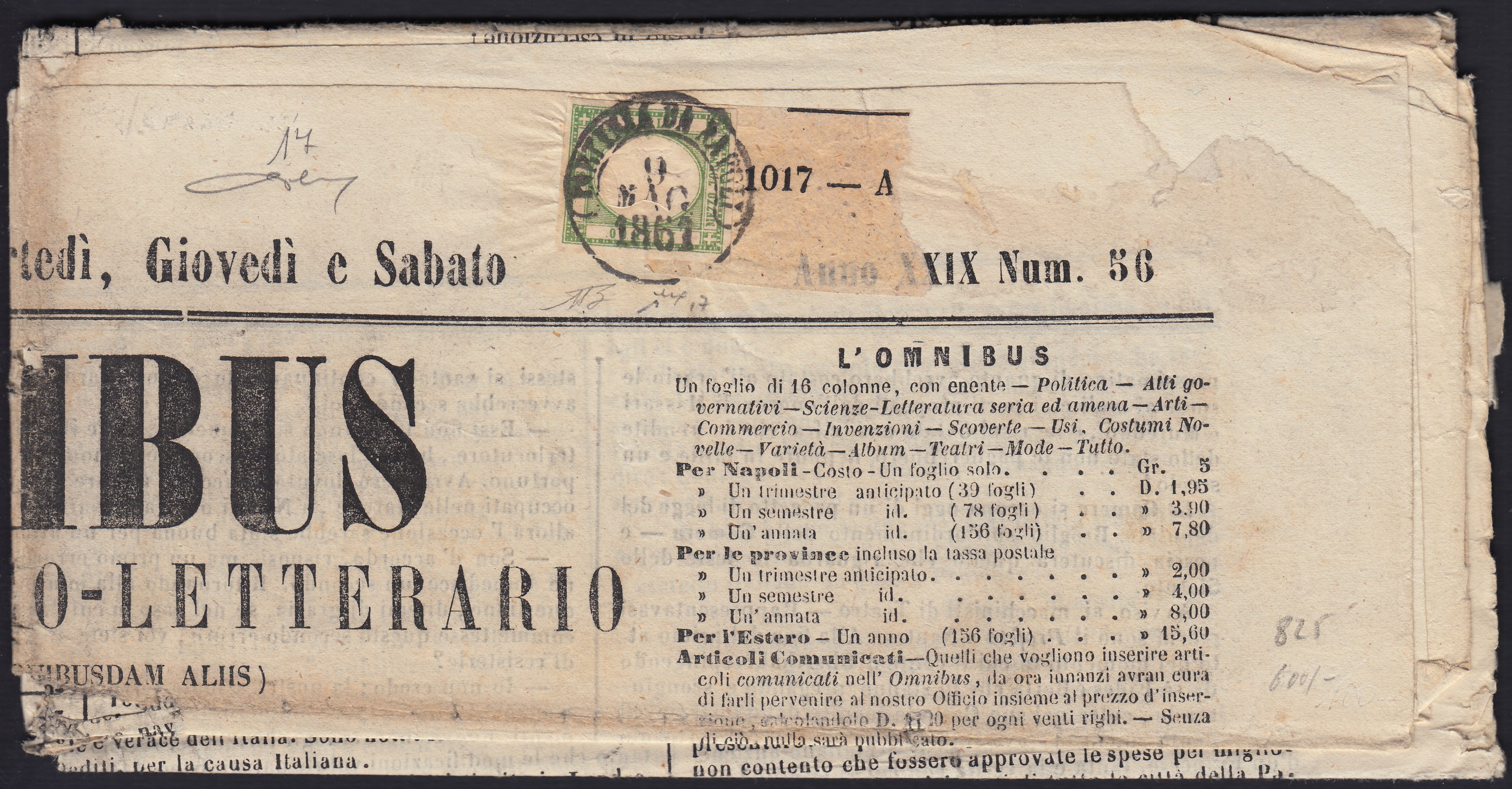 BO2512_28 - 1861 - Giornale "l'Omnibus" del 9/5/61 affrancato con 1/2 tornese verde (17)