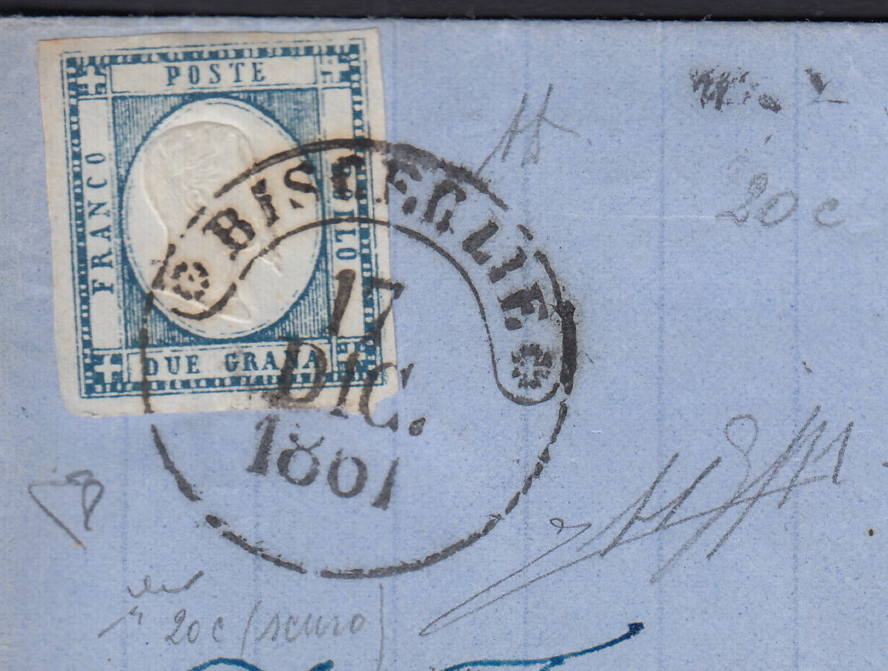 BO2512_36 - 1861 - Lettera spedita da Bisceglie per Napoli 17/12/61 affrancata con gr. 2 azzurro ardesia (20c)
