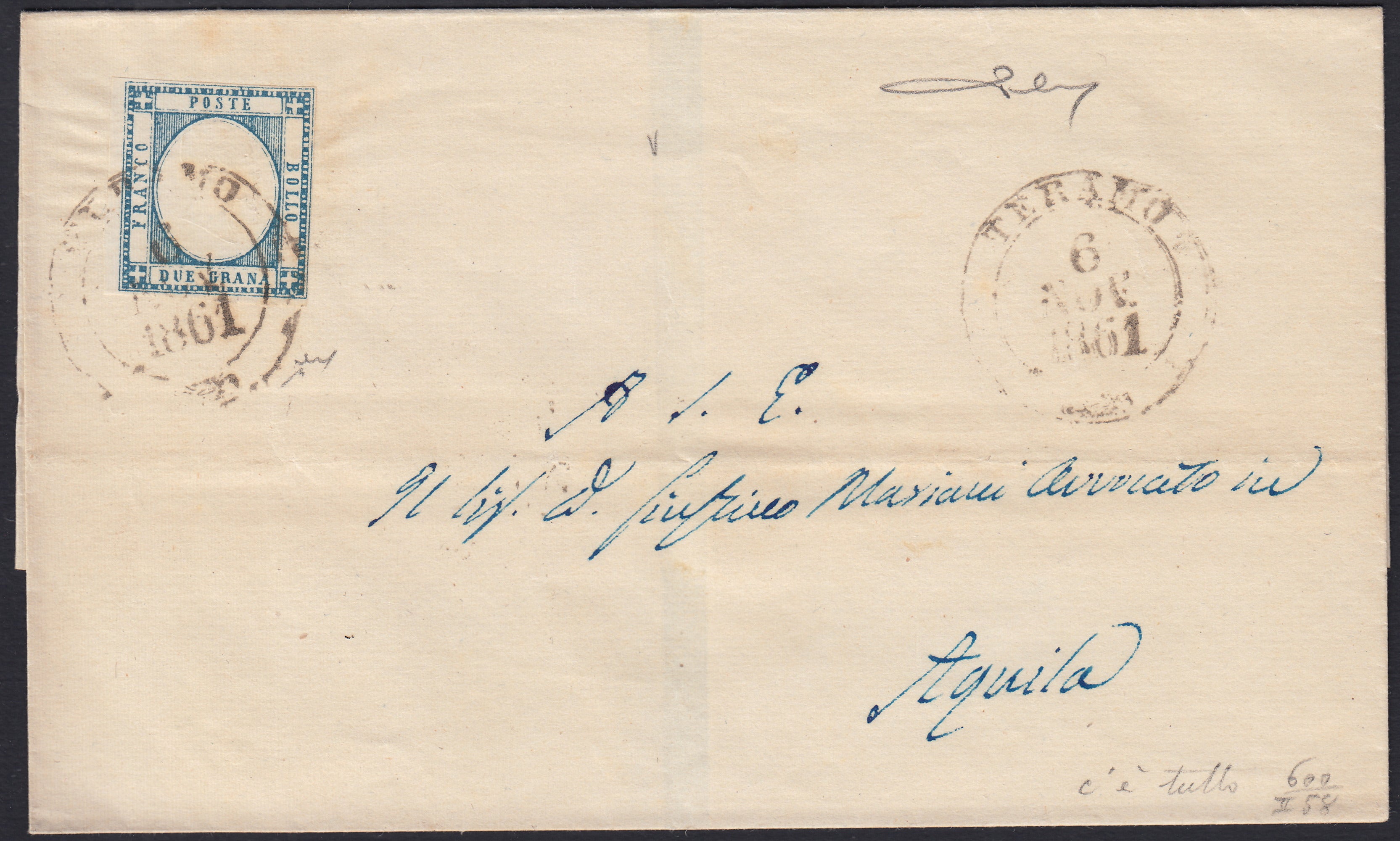 BO2512_44 - 1861 - Lettera spedita da Teramo per Aquila 6/11/61 affrancata con gr. 2 azzurro (20b)