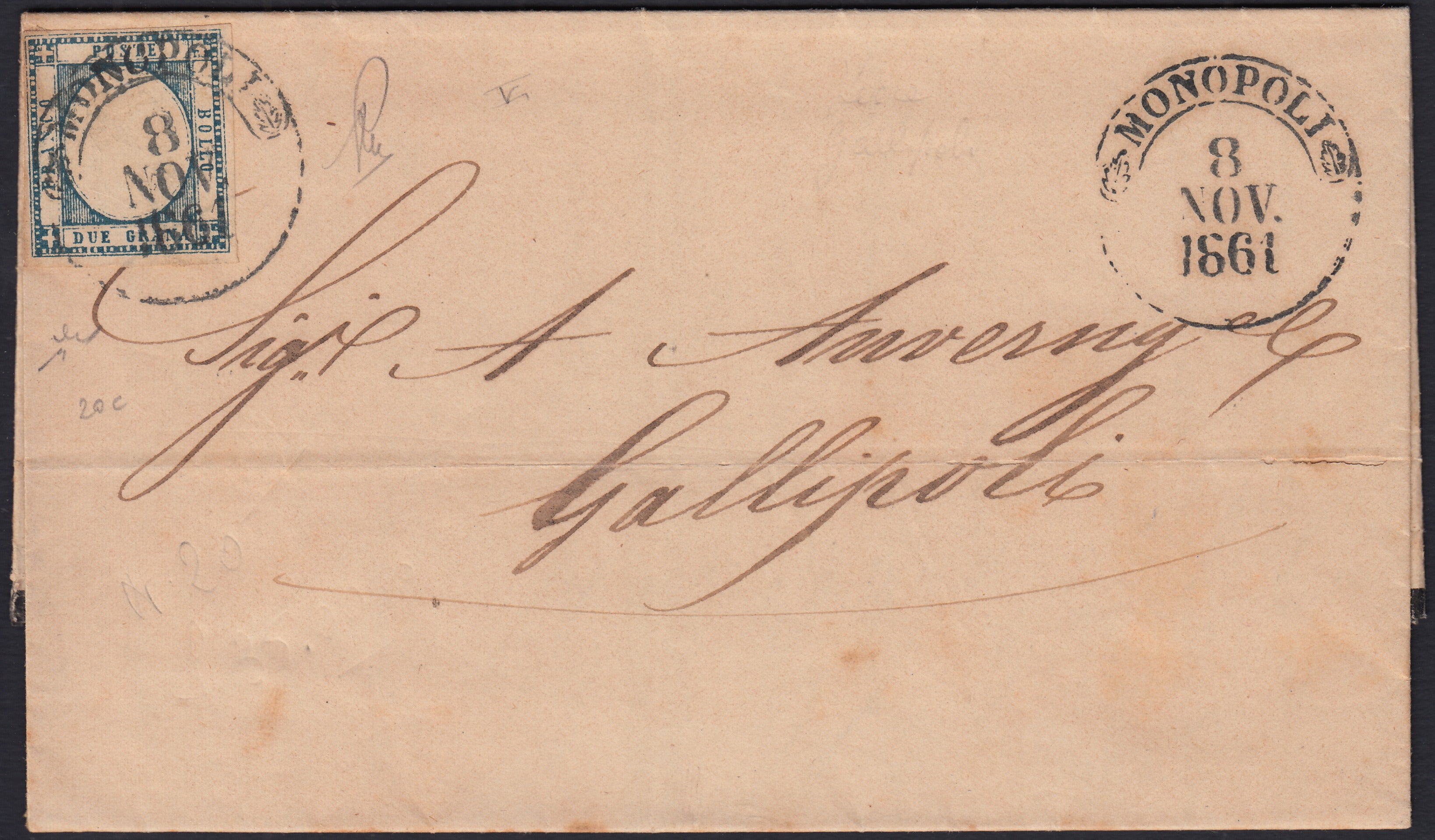 BO2512_45 - 1861 - Lettera spedita da Monopoli per Gallipoli 8/11/61 affrancata con gr. 2 azzurro ardesia (20c)