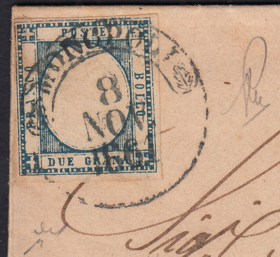 BO2512_45 - 1861 - Lettera spedita da Monopoli per Gallipoli 8/11/61 affrancata con gr. 2 azzurro ardesia (20c)