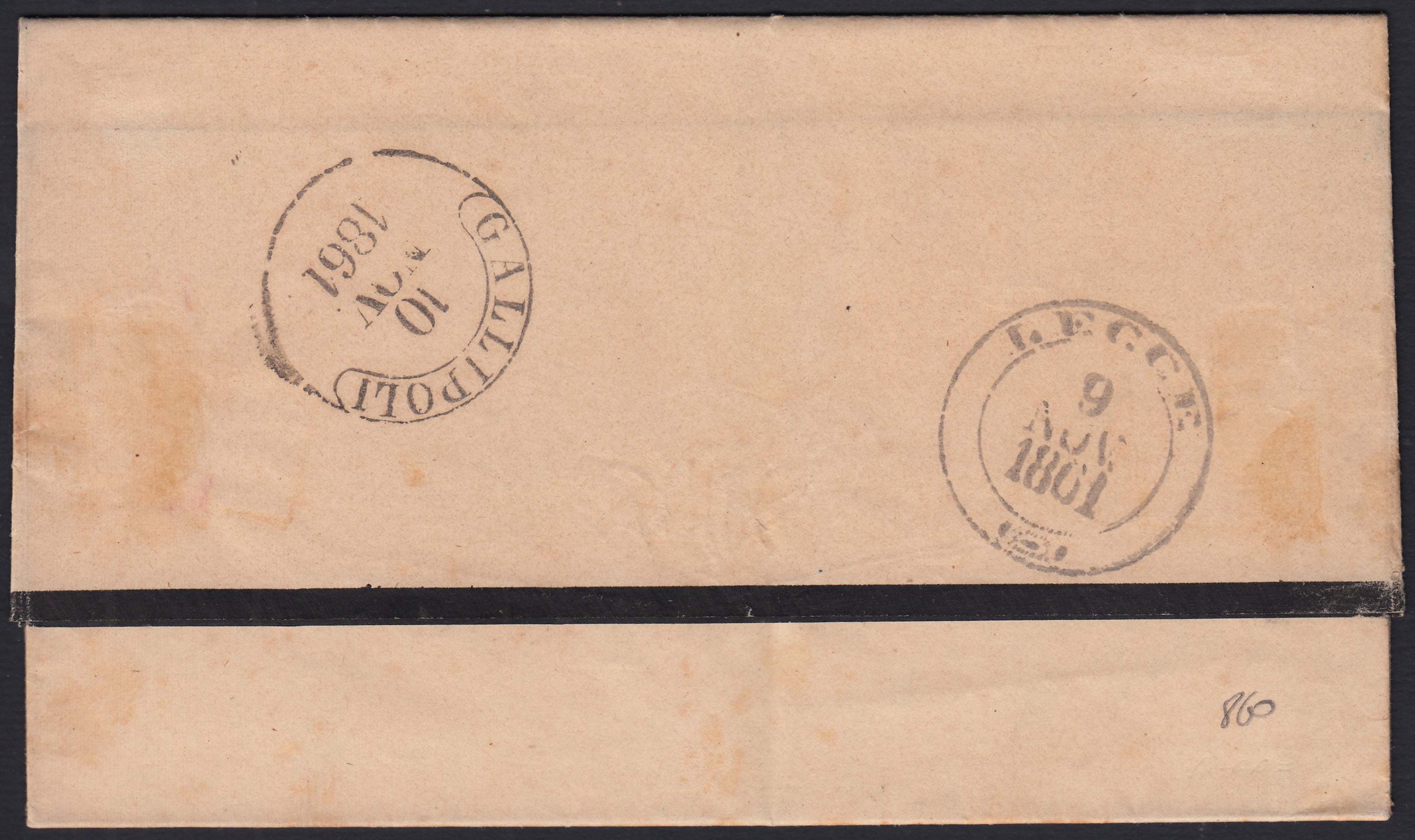 BO2512_45 - 1861 - Lettera spedita da Monopoli per Gallipoli 8/11/61 affrancata con gr. 2 azzurro ardesia (20c)