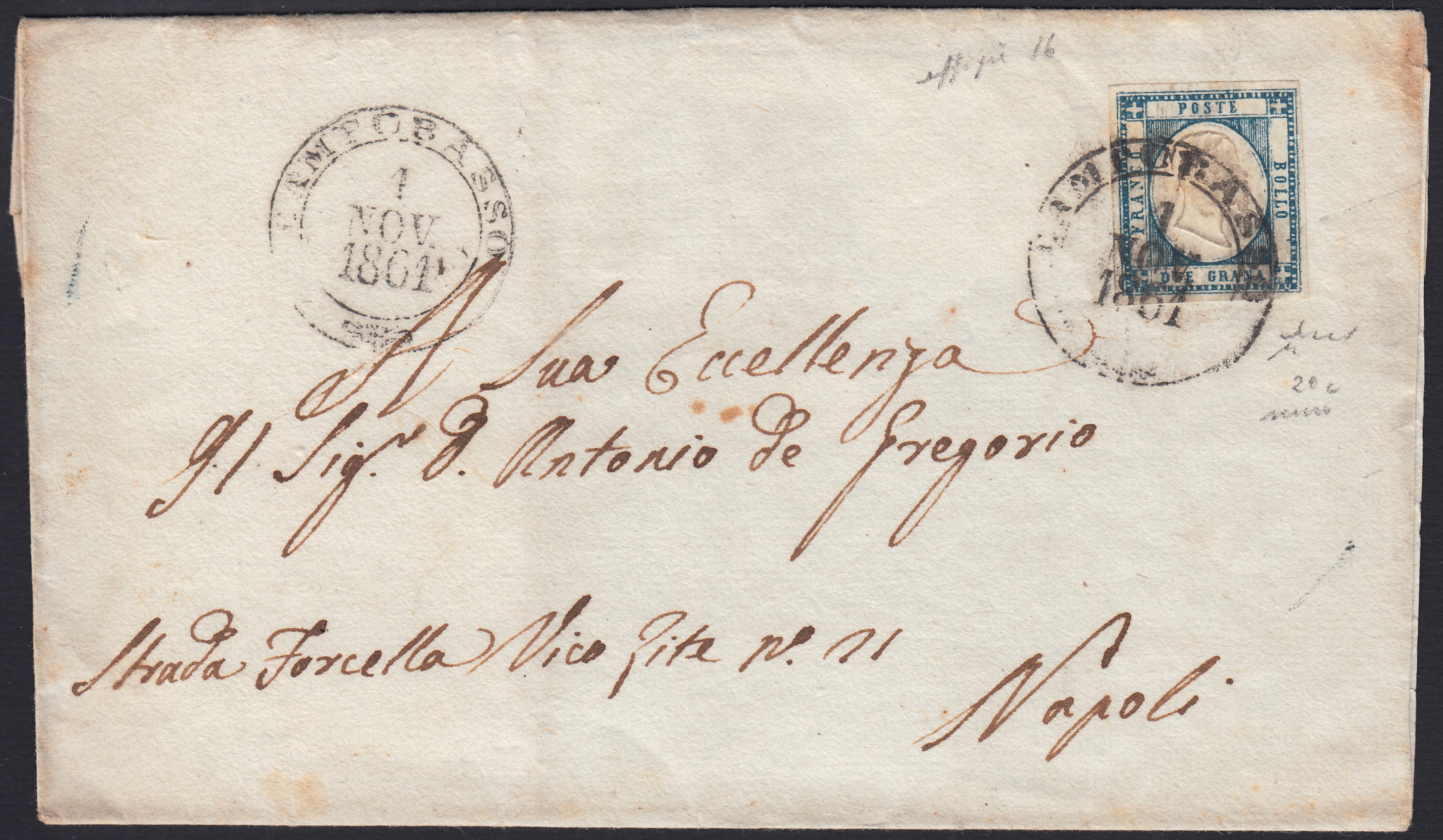 BO2512_47 - 1861 - Lettera spedita da Campobasso per Napoli 1/11/61 affrancata con gr. 2 azzurro ardesia scuro (20c)