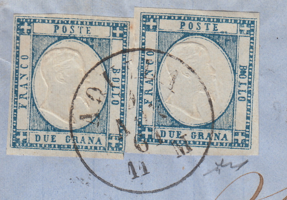 BO2512_49 - 1861 - Lettera spedita da Aquila per Napoli 9/8/61 affrancata con gr. 2 azzurro due esemplari (20b)