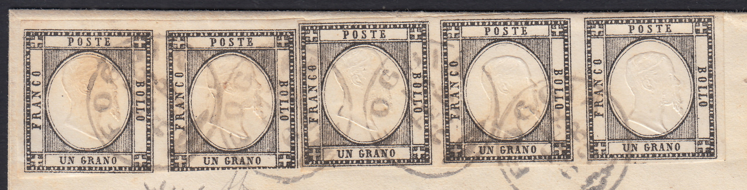 BO2512_4 - 1862 - lettera da Foggia per Terracina 18/2/62 affrancata con gr. 1 nero striscia di tre + coppia (19)