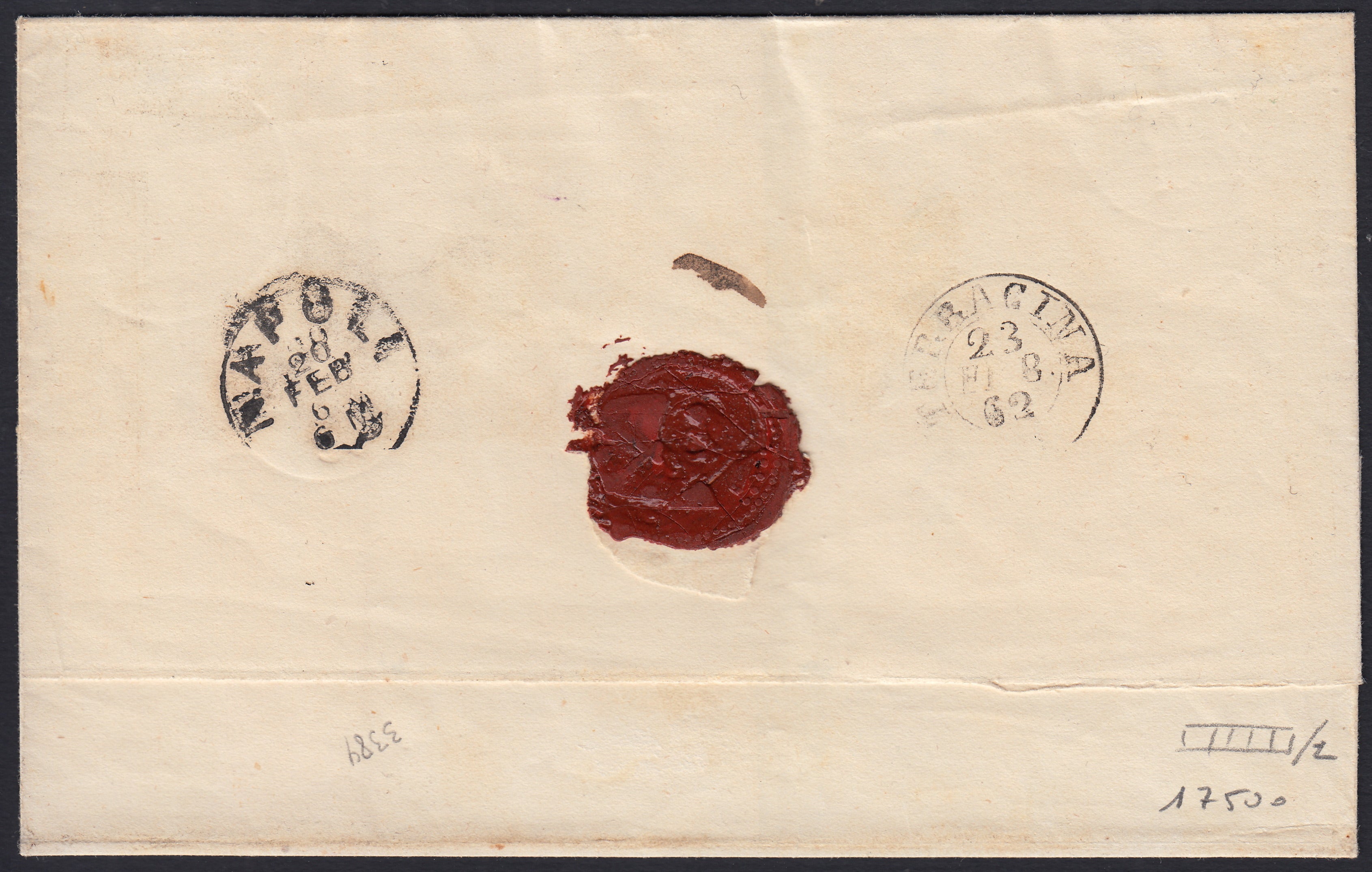 BO2512_4 - 1862 - lettera da Foggia per Terracina 18/2/62 affrancata con gr. 1 nero striscia di tre + coppia (19)