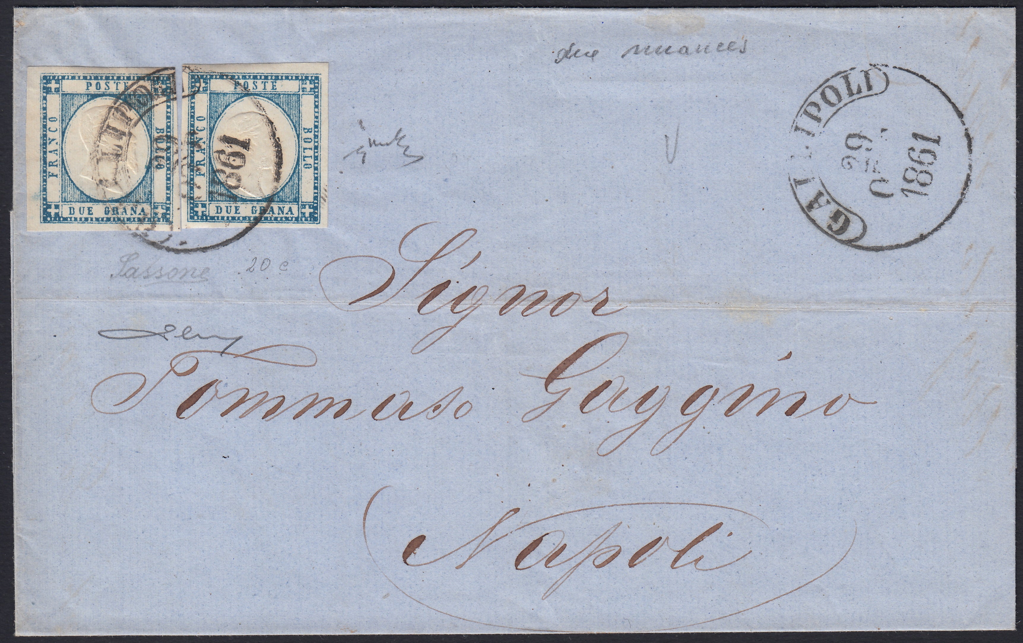 BO2512_50 - 1861 - Lettera spedita da Gallipoli per Napoli 29/10/61 affrancata con gr. 2 azzurro due esemplari (20b)