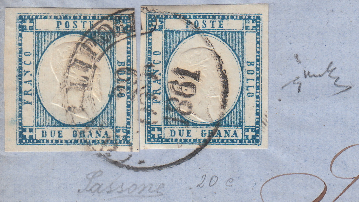 BO2512_50 - 1861 - Lettera spedita da Gallipoli per Napoli 29/10/61 affrancata con gr. 2 azzurro due esemplari (20b)