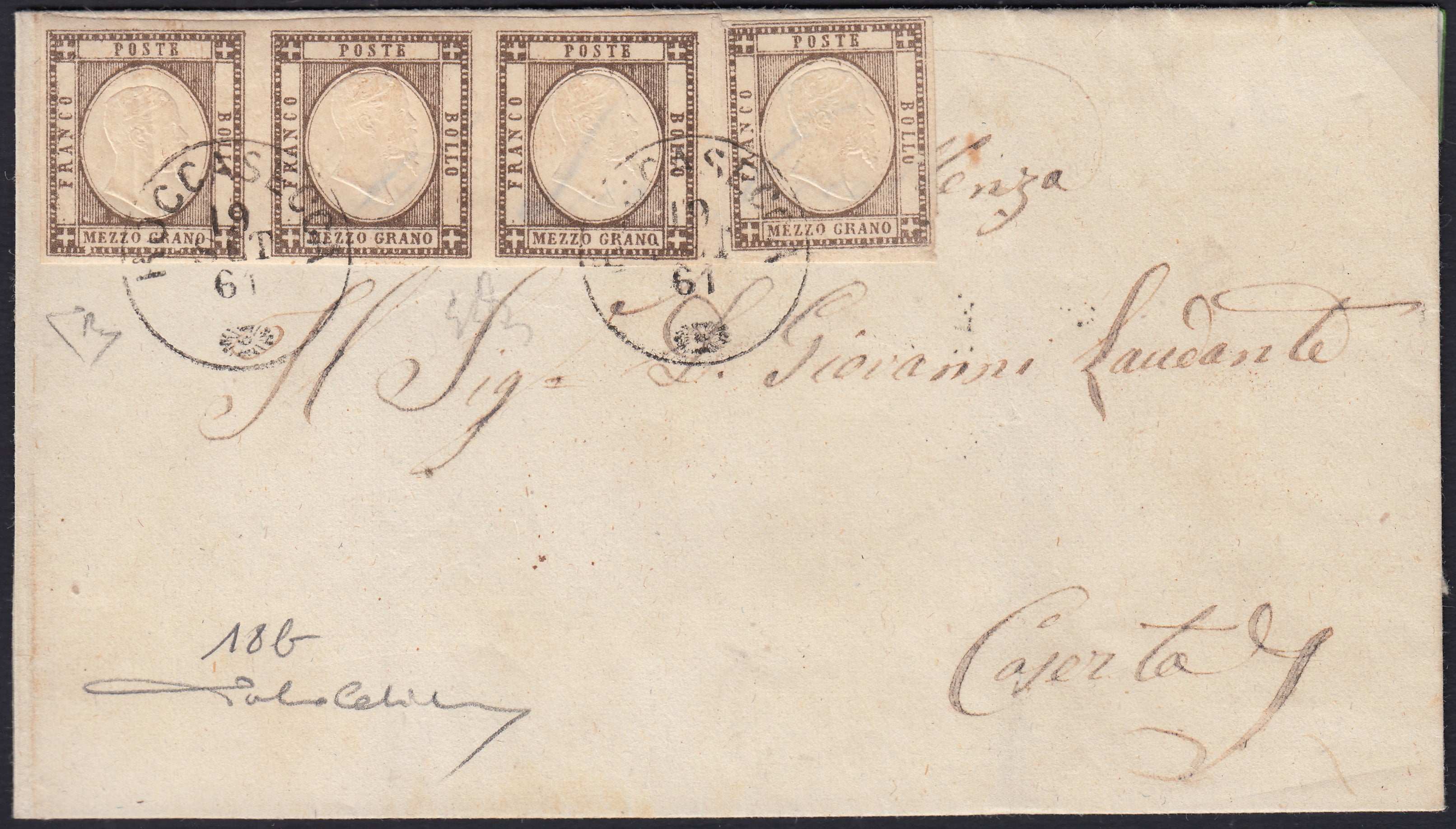 BO2512_5 - 1861 - lettera da Roccasecca per CAserta 19/9/61 affrancata con 1/2 grano grigio bruno scuro striscia di 3 + singolo (18b)