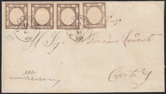 BO2512_5 - 1861 - lettera da Roccasecca per CAserta 19/9/61 affrancata con 1/2 grano grigio bruno scuro striscia di 3 + singolo (18b)