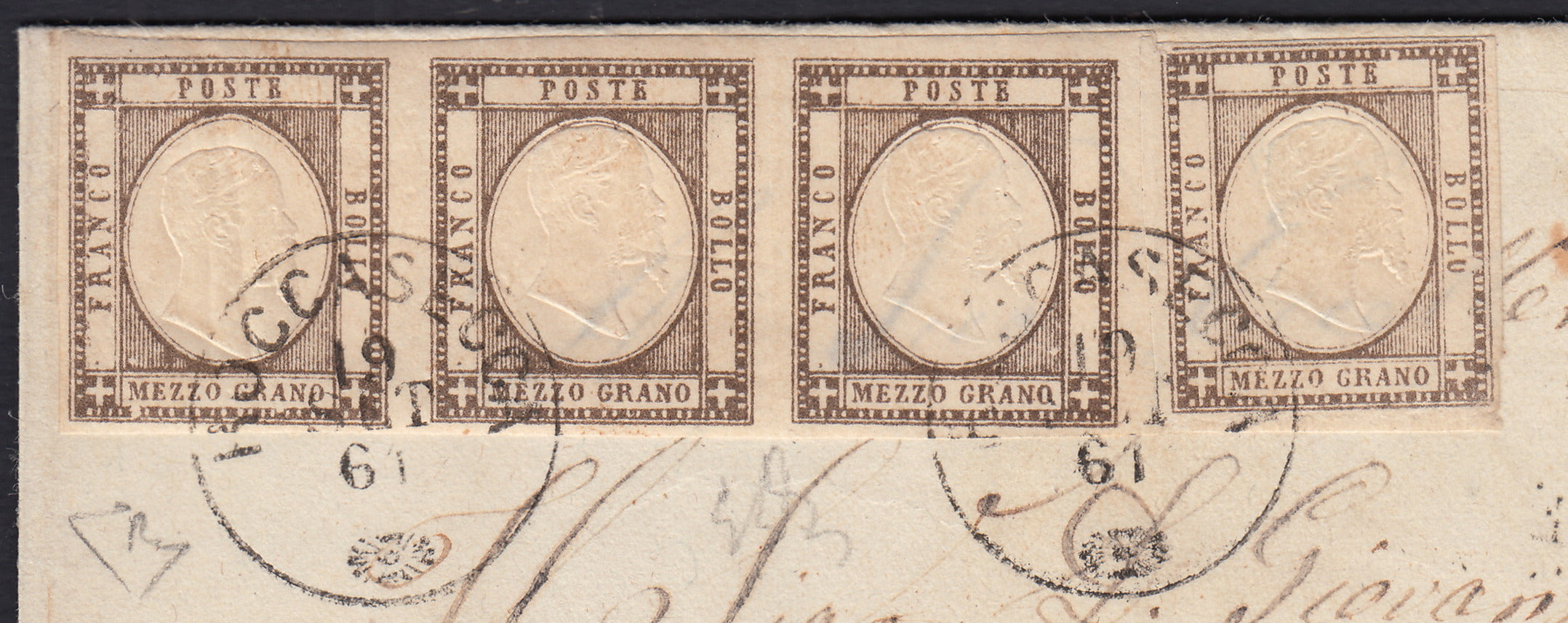 BO2512_5 - 1861 - lettera da Roccasecca per CAserta 19/9/61 affrancata con 1/2 grano grigio bruno scuro striscia di 3 + singolo (18b)