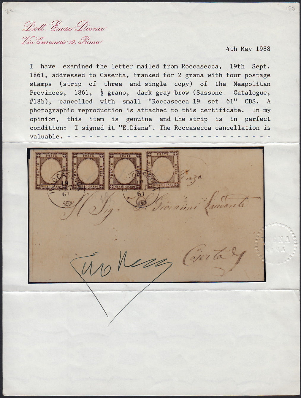 BO2512_5 - 1861 - lettera da Roccasecca per CAserta 19/9/61 affrancata con 1/2 grano grigio bruno scuro striscia di 3 + singolo (18b)