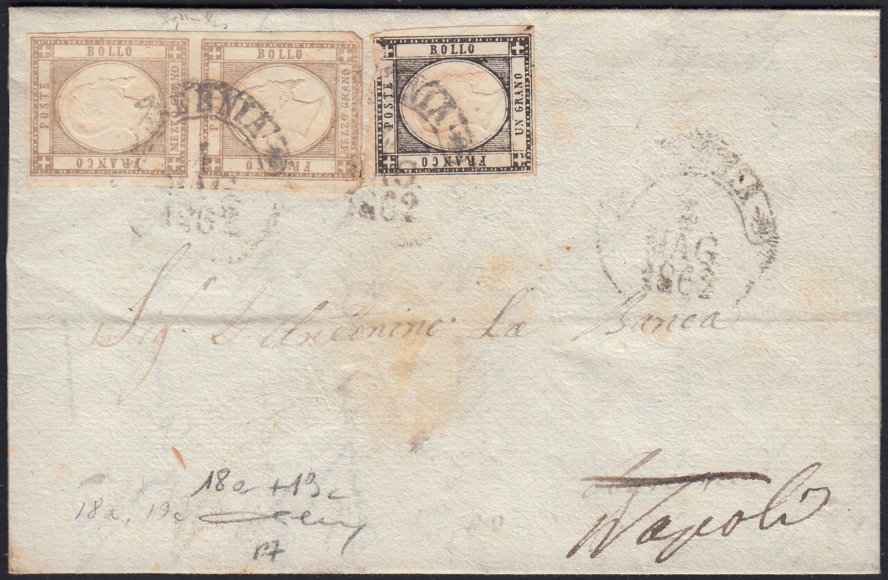 BO2512_6 - 1862 - Lettera spedita da Isernia per Napoli 4/5/62 affrancata con 1/2 grano grigio bruno + 1 grano nero intenso (18a + 19c)