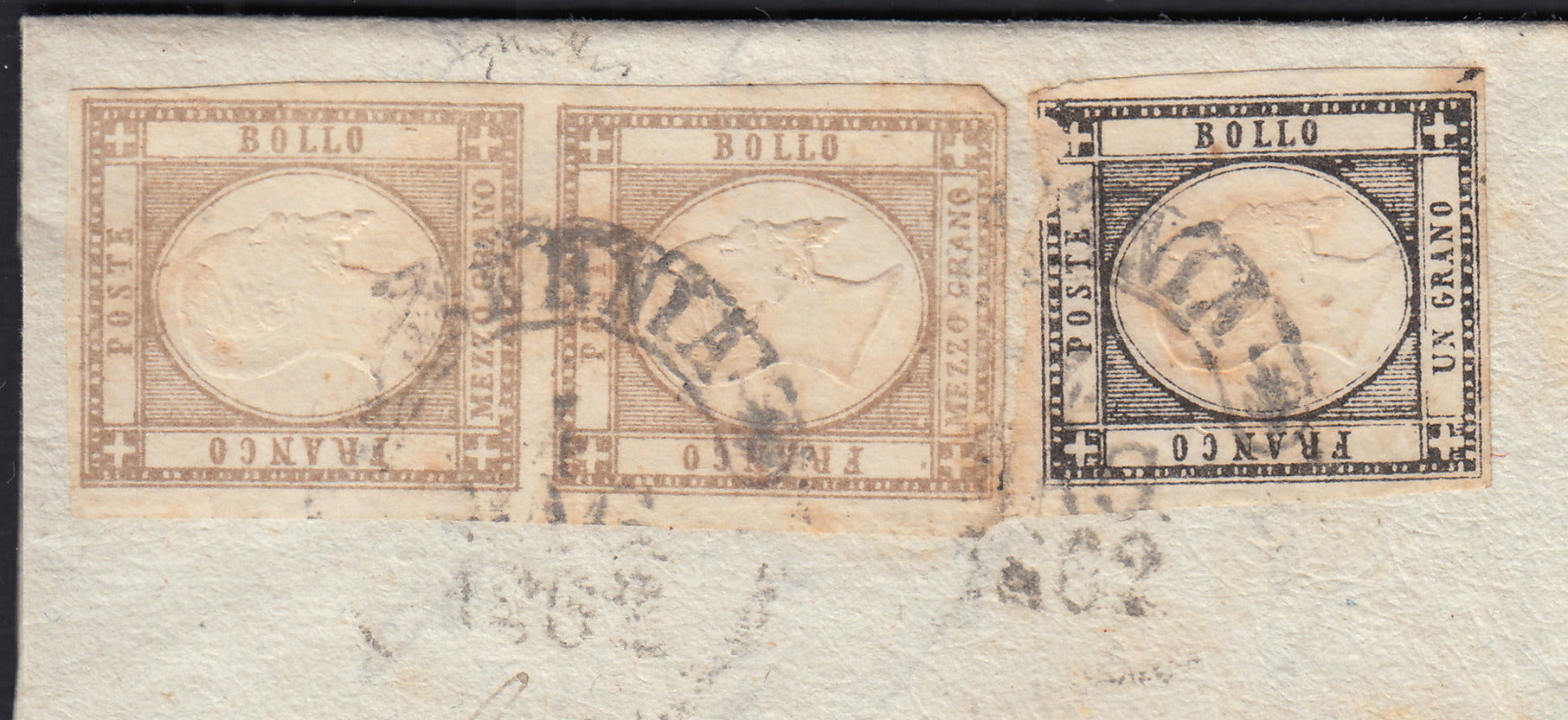 BO2512_6 - 1862 - Lettera spedita da Isernia per Napoli 4/5/62 affrancata con 1/2 grano grigio bruno + 1 grano nero intenso (18a + 19c)