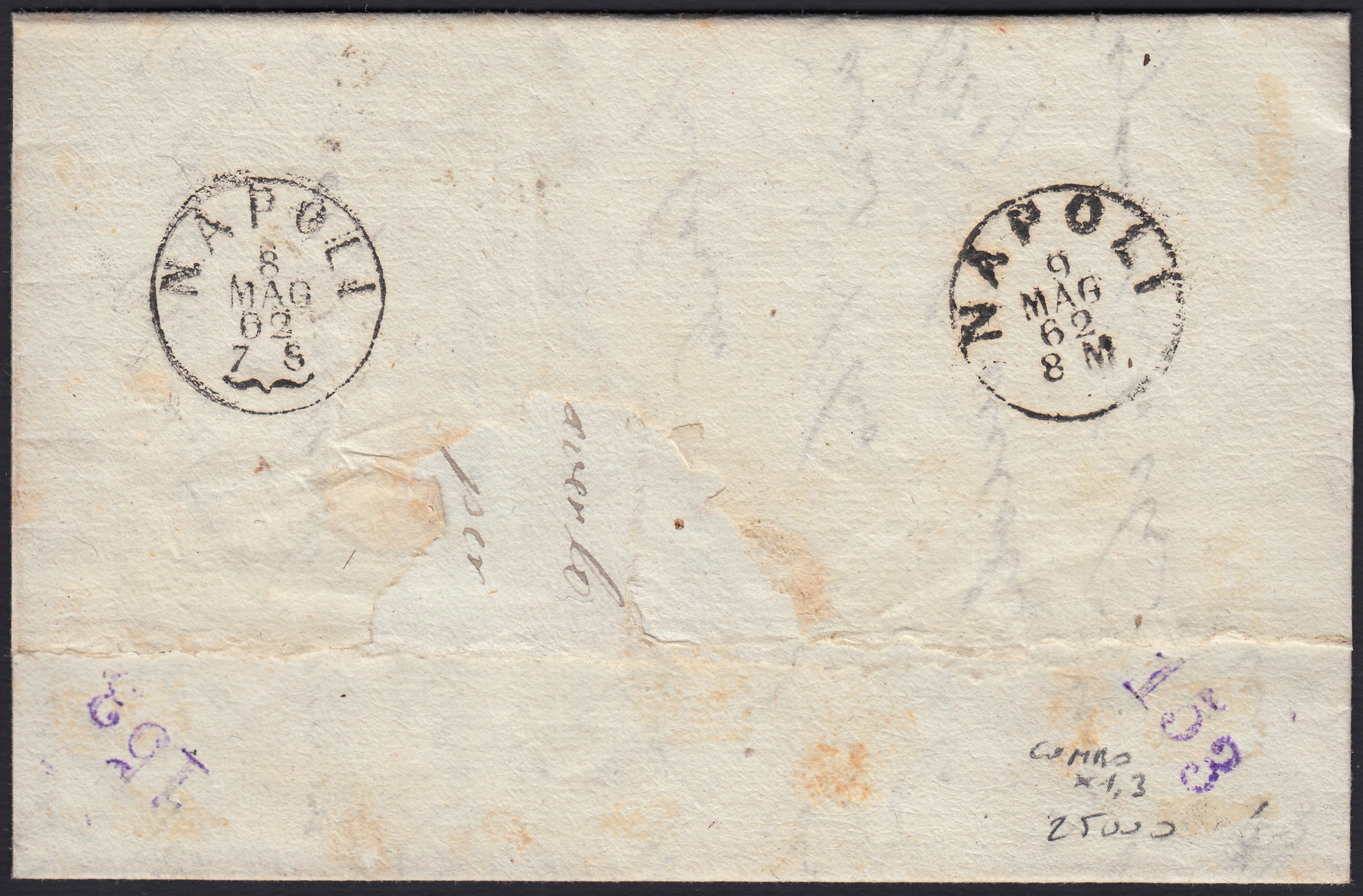 BO2512_6 - 1862 - Lettera spedita da Isernia per Napoli 4/5/62 affrancata con 1/2 grano grigio bruno + 1 grano nero intenso (18a + 19c)