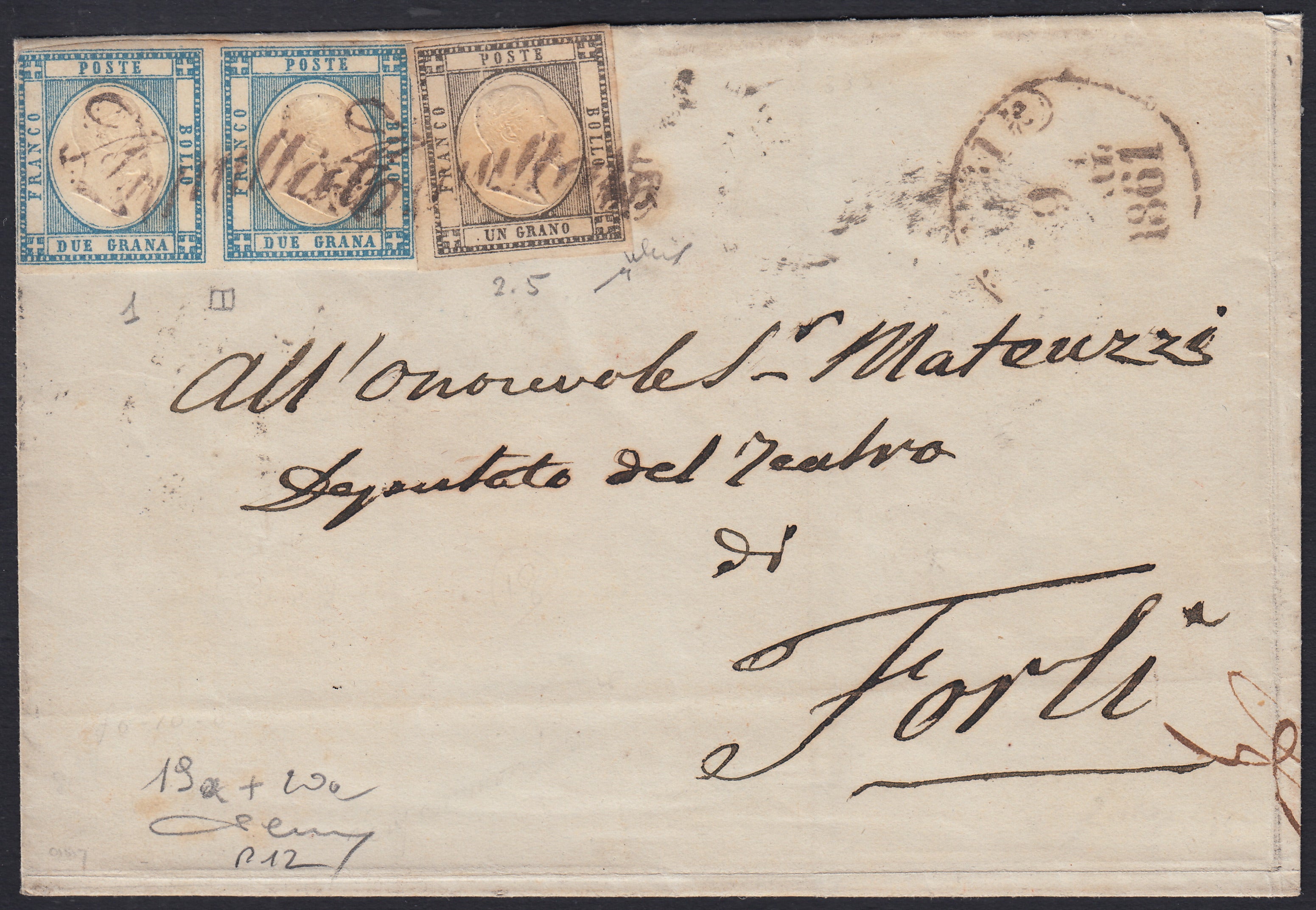 BO2512_7 - 1861 - lettera da BARI per Forlì affrancata con 1 grano grigio nero +.2 grana celeste coppia orizzontale (19a + 20a)