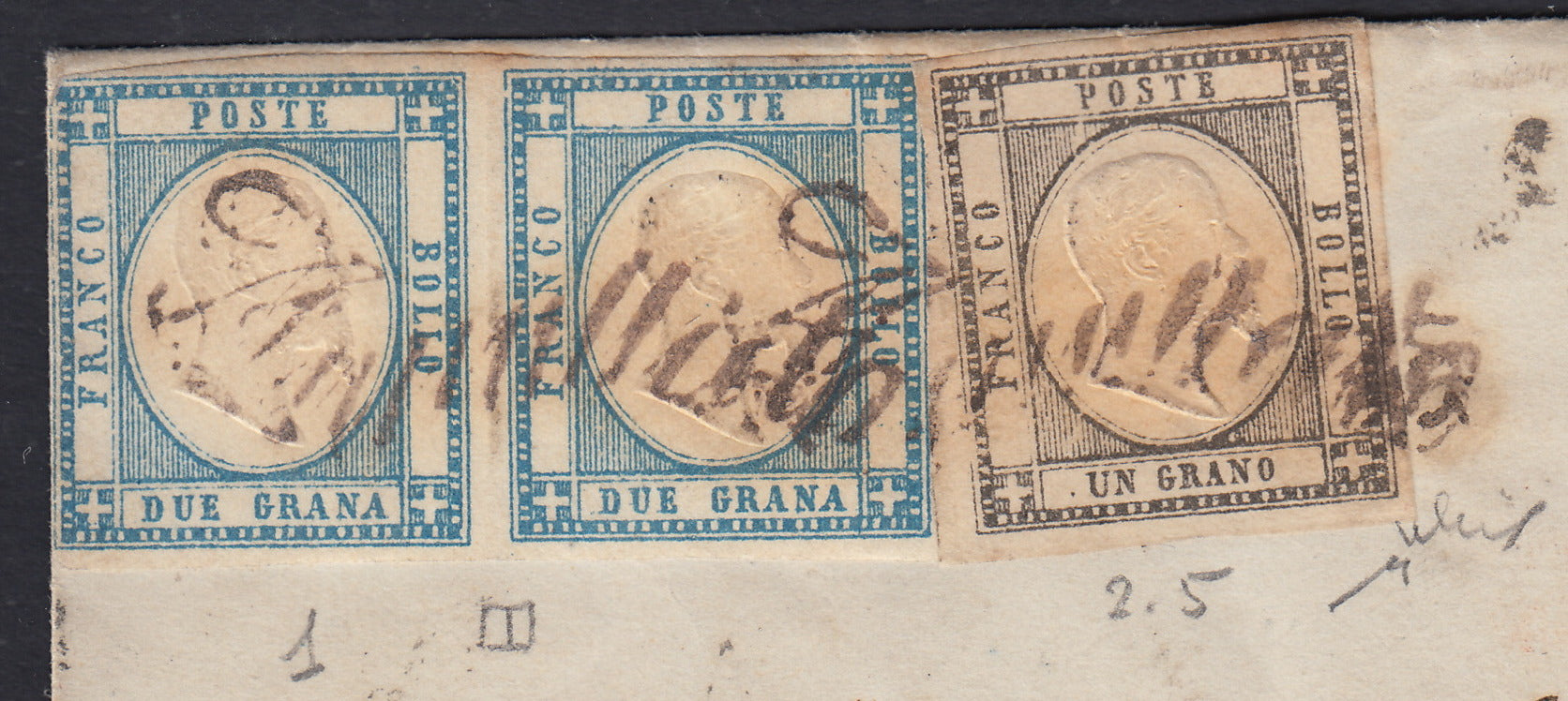 BO2512_7 - 1861 - lettera da BARI per Forlì affrancata con 1 grano grigio nero +.2 grana celeste coppia orizzontale (19a + 20a)